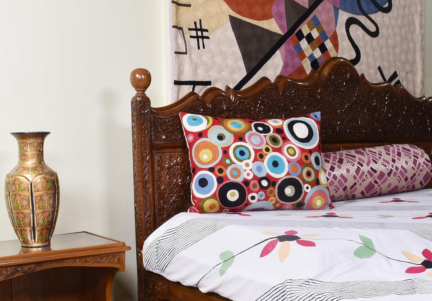 Lumbar Red Polka Dots Decorative Pillow Cover Contemporary Pillowcase Farmhouse Chair Cushion Modern Outdoor Pillowsham Couch Cushion Hand Embroidered Wool Size - 14x20