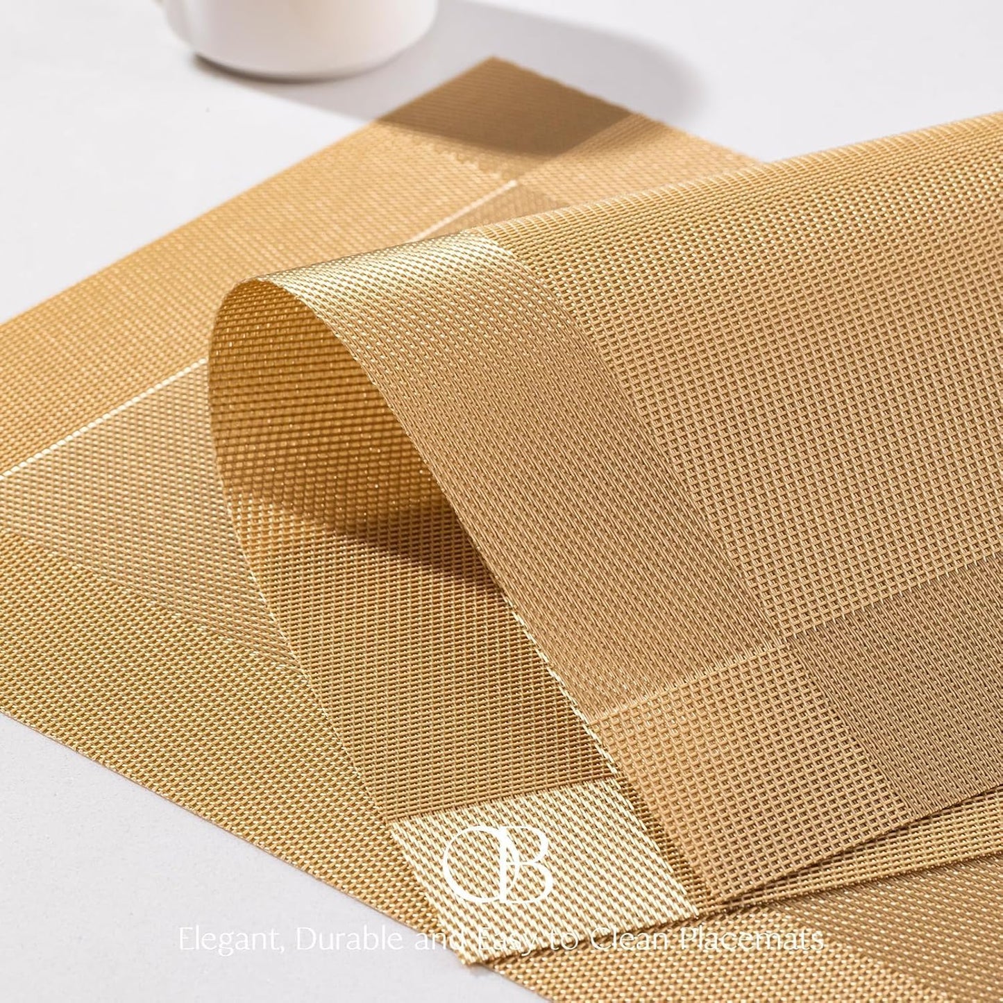 Placemats Set of 8 - Easy Clean Woven Vinyl Placemats for Dining Table, Indoor/Outdoor Place Mats, Washable PVC Table Mats（Gold Cube）