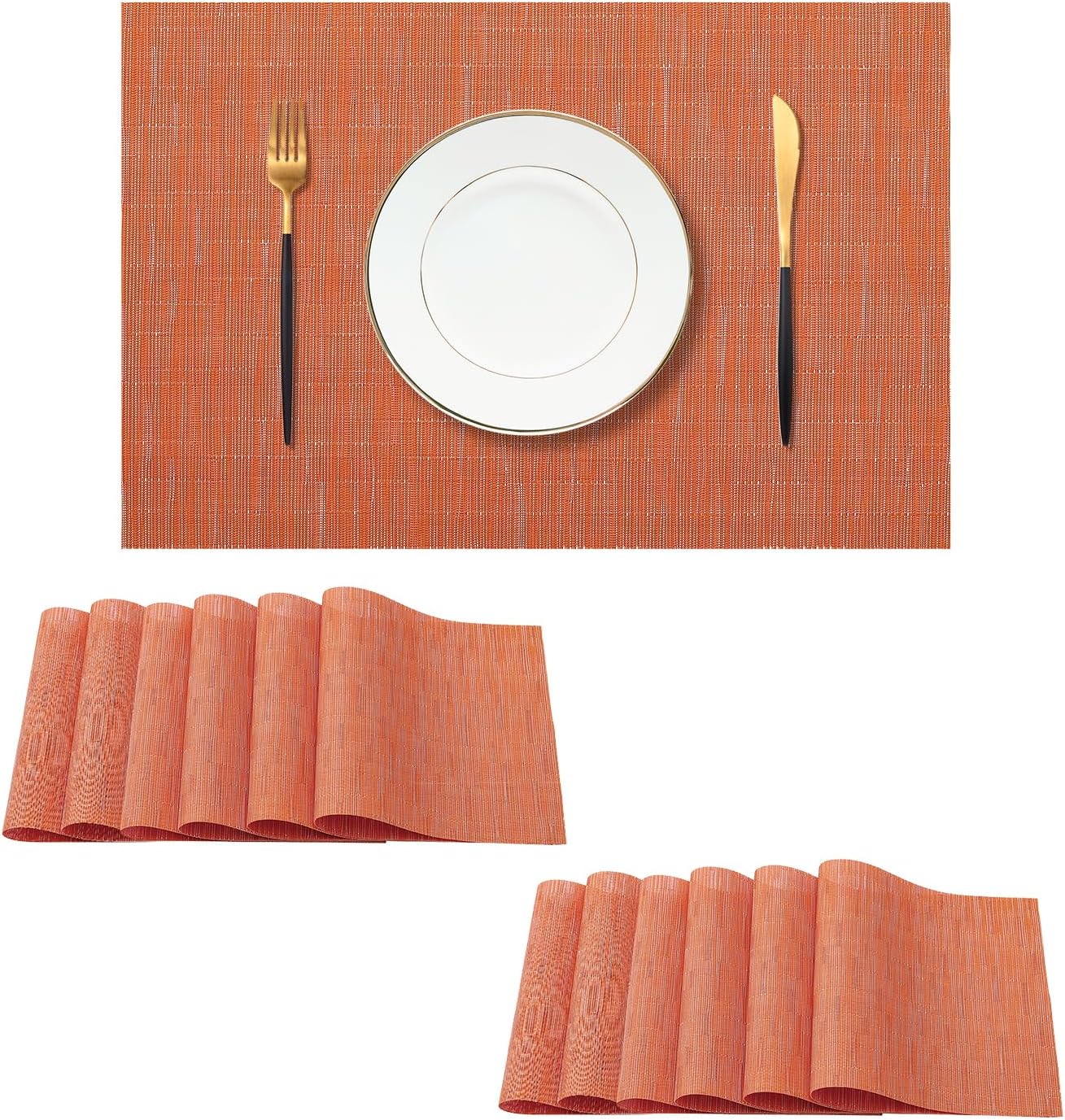 Leetaltree Orange Placemats Set of 12 - Heat Resistant Non-Slip Place mats for Dining Table, Washable Durable PVC Vinyl Woven Table Mats（Orange, 12）