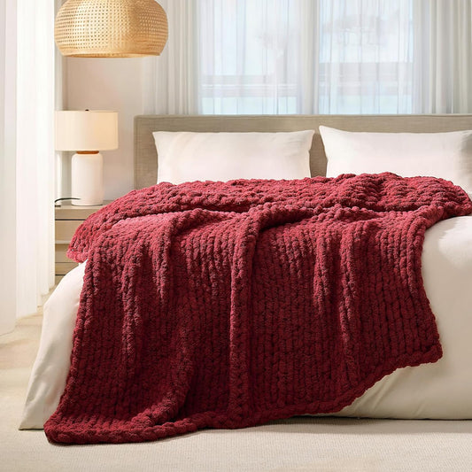 L'AGRATY Chunky Knit Blanket Throw: 60''x80'' Chenille Chunky Knitted Throw Blankets for Twin Bed Couch - Handmade Thick Cable Knit Blanket - Large Crochet Rope Blankets for Home Decor(Maroon Red)