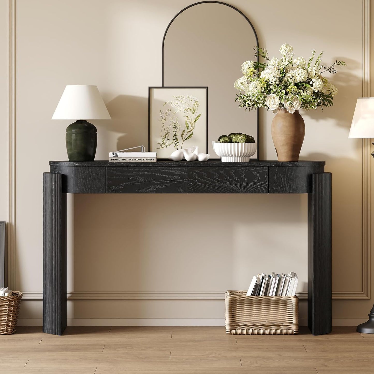55" Sofa Table with Oval Top and 2 Drawers, Entryway Console Table with Fluted Design for Hallway,Foyer,Entry and Living Room (Fully Assembled-Black)