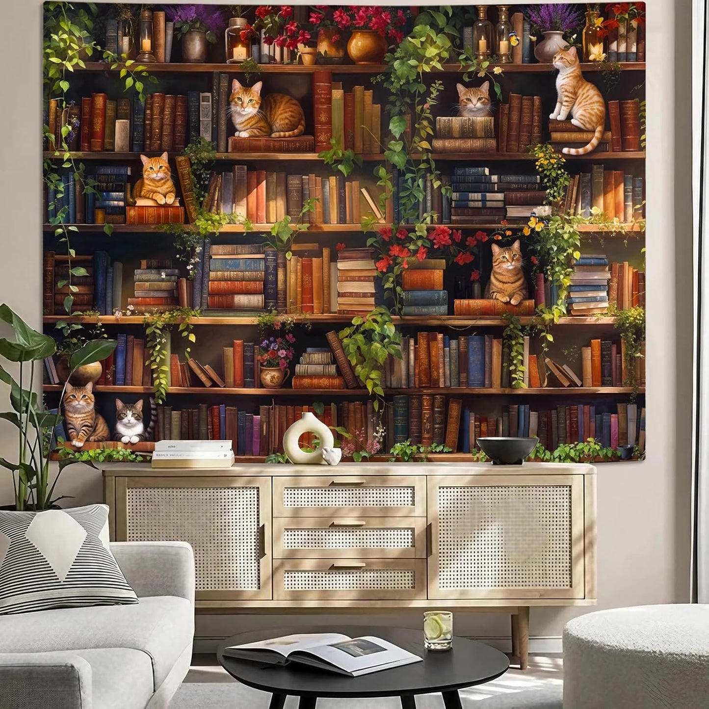 Accnicc Plant Cat Bookshelf Tapestry Botanical Floral Flower Cats Book Tapestries Wall Hanging Vintage Library Small Tapestry for Bedroom Living Room Dorm 60 x 44 inch