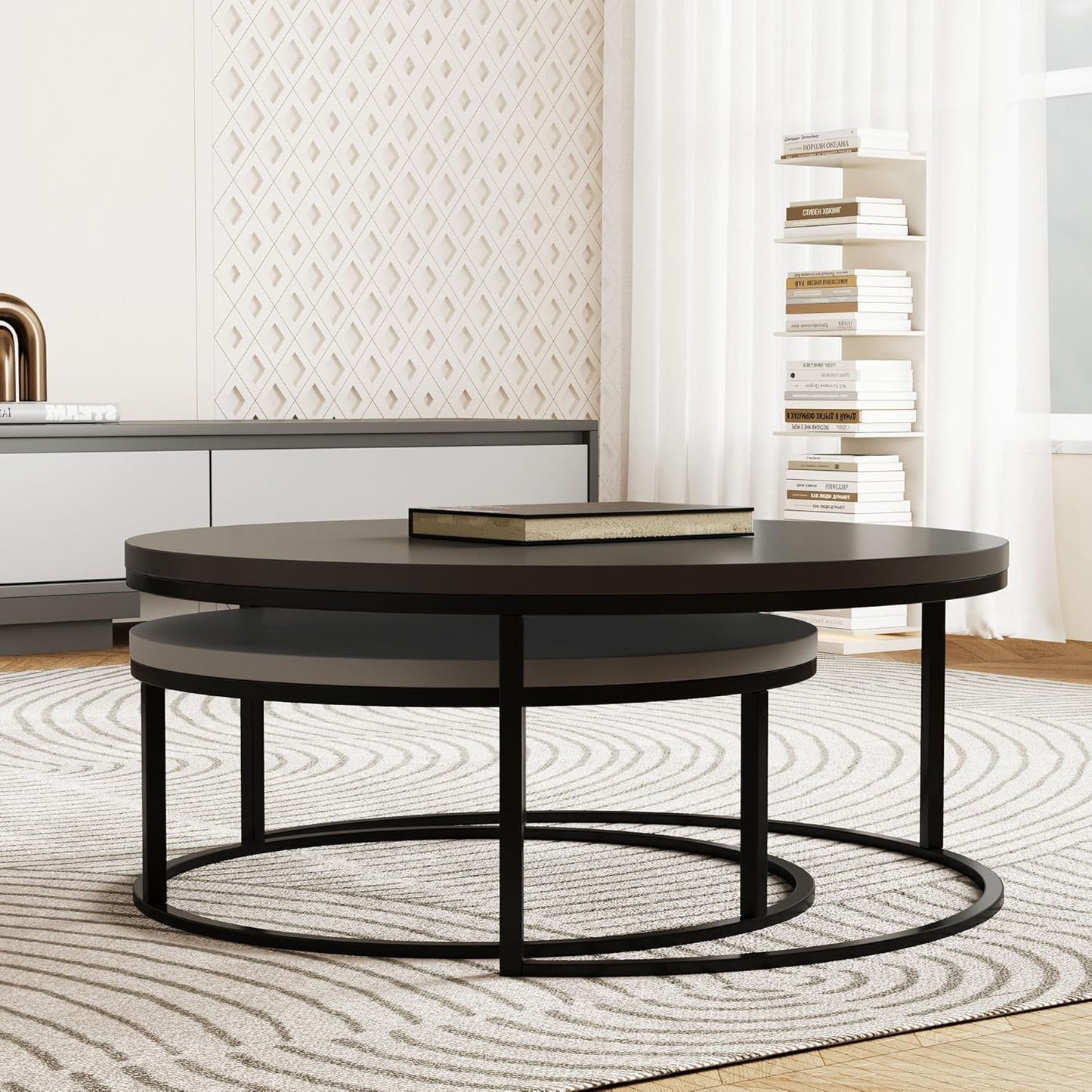 Modern Round Coffee Table Set, Nesting Cocktail Tables with Black Metal Legs, Dark Gray/Light Gray, Easy Assembly, 31.5/23.7 Inches, Perfect for Living Room, Bedroom, or Lounge