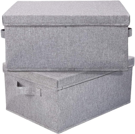 HOONEX Linen Foldable Storage Bins with Lids, 2 Pack, Storage Boxes with Carrying Handles and Sturdy Heavy Cardboard, 16.5" L x 11.8" W x 7.5" H for Shoes, Books, Clothes, Light Grey