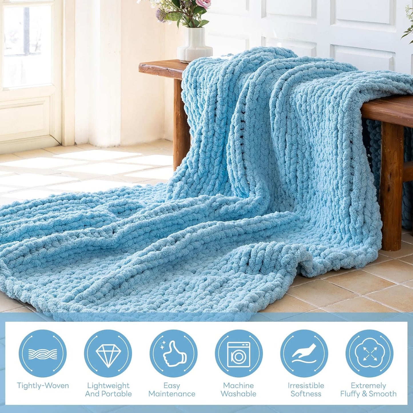 Chunky Knit Blanket - Luxury Soft Cozy 50 * 60 Throw Blanket,100% Woven Blanket Rope Knot Throw Blanket for Couch, Sofa, Home Decor, Gift - Machine Washable（Light Blue）