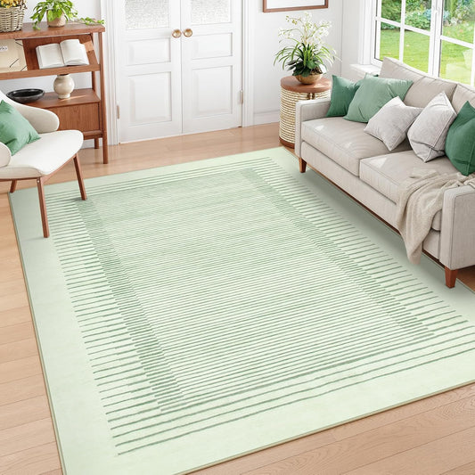 Wonnitar Striped Sage Green 9x12 Rugs for Living Room, Non-Slip Soft Sage Green Bedroom Rug, Low Pile Minimalist Floor Carpet for Nursery Playroom Department (Green,9' x 12')