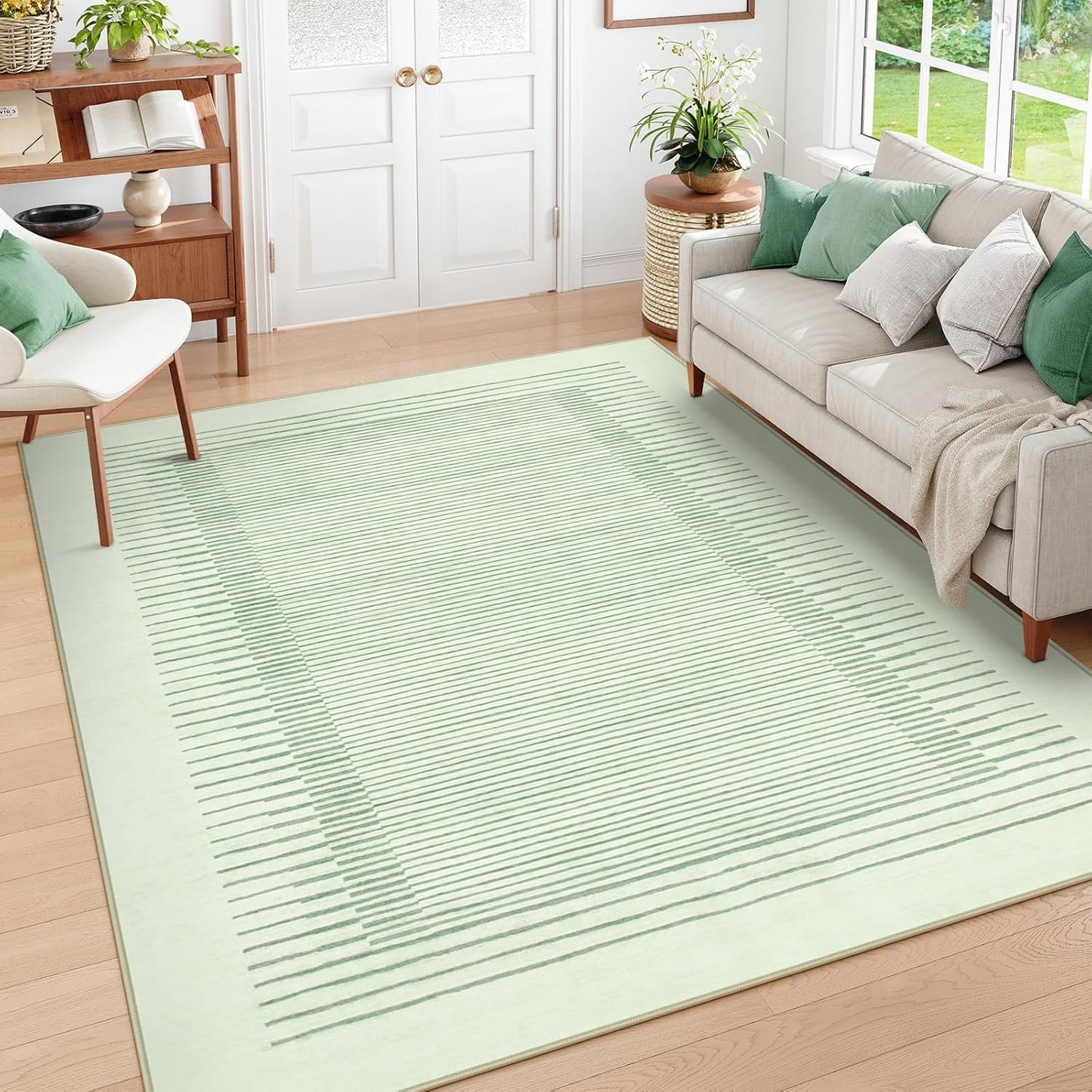 Wonnitar Washable Striped 5x7 Living Room Area Rug, Non-Slip Green Berber Stripe Rugs for Bedroom, Low Pile Soft Minimalist Floor Carpets for Kids Nursery Room Dining Room (Green,5' x 7')