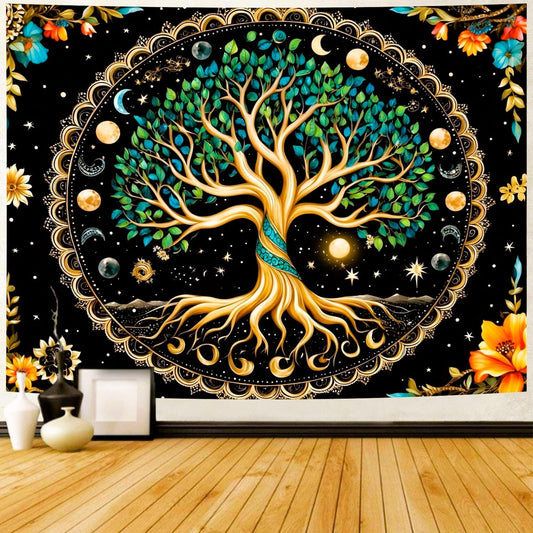 Delur Tree of Life Tapestry Moon Phase Nature Flower Plant Tapestry Wall Hanging Boho Mandala Spiritual Sun Aesthetic Psychedelic Headboard for Bedroom Living Room Home Decor (70.8" x 92.5")