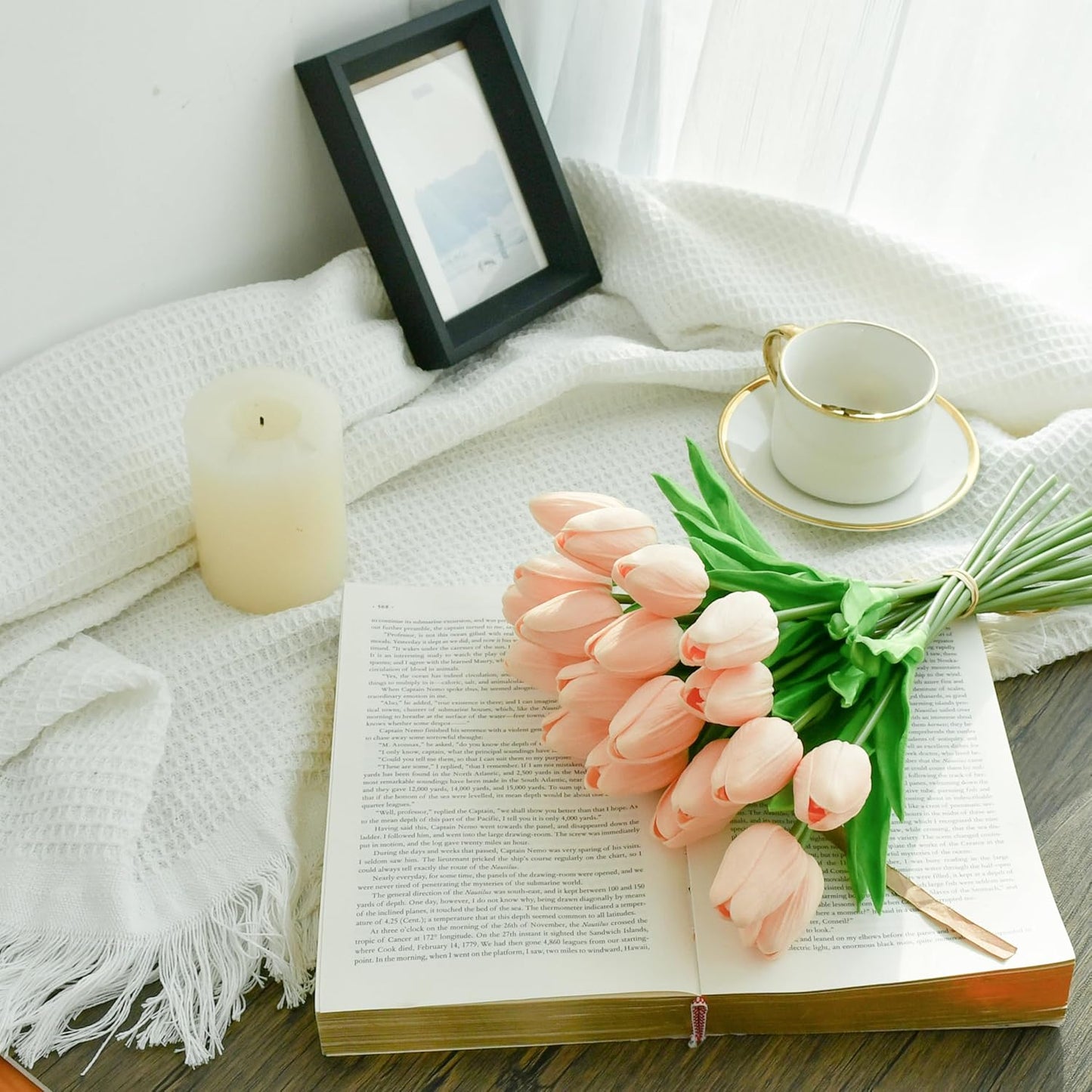 Mandy's Artificial Tulips 20 Stems Champagne PU Faux Flowers for Wedding Home Decor 13.5 Inch