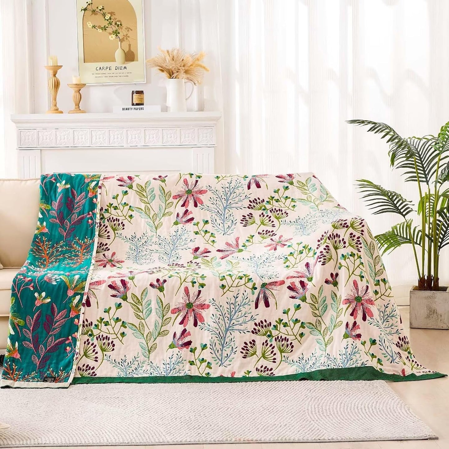 Boho Throw Blanket for Bed, 100% Cotton Soft Rustic Quilt Fall Blanket, 80" 90" Floral Printed Farmhouse Decor Bed Blankets, All Season Rustic Reversible Bohemian Throw Quilt