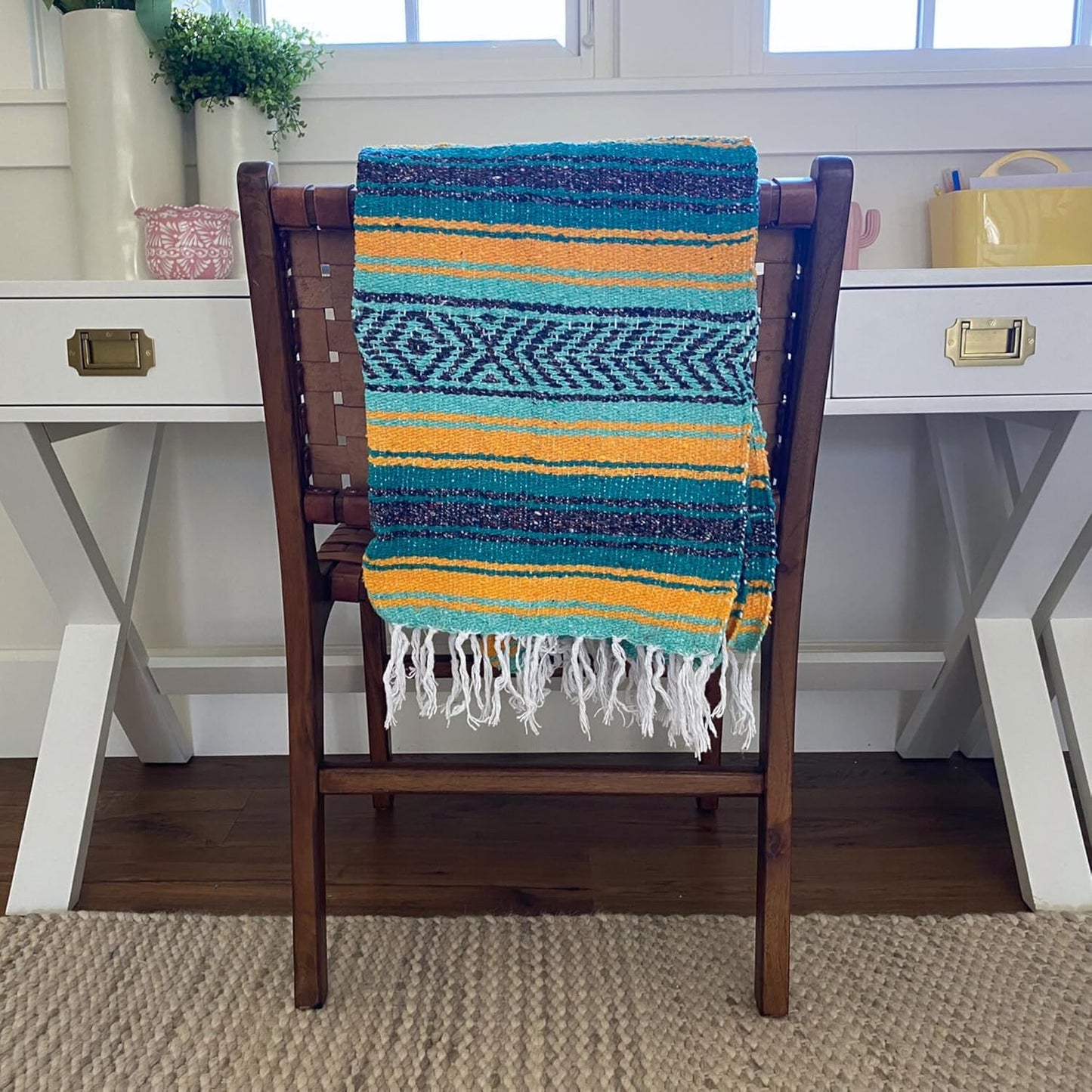 Del Mex Classic Mexican Blanket, Large Authentic Woven Falsa Throw (70"x50"), Artisan Southwest Décor for Beach, Yoga, Outdoors (Teal/Yellow)