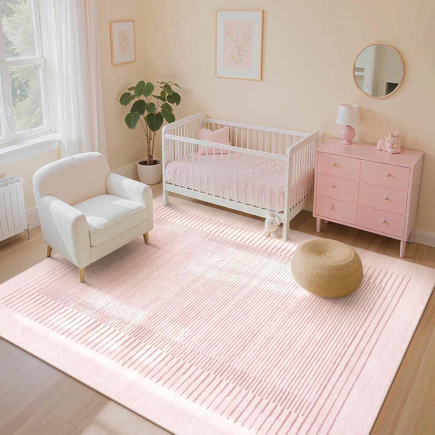 Wonnitar Washable Striped Living Room Area Rug 5x7, Non-Slip Berber Stripe Pink Area Rugs for Bedroom Girls, Low Pile Soft Large Throw Carpet for Kids Nursery Room (Pink,5' x 7')