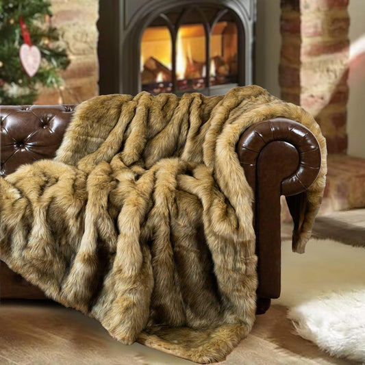BATTILO HOME Golden Faux Fur Throw Blanket for Couch Sofa, Long Pile Fur Blankets and Throws, Elegant, Fluffy Thick Warm Heavyweight Fur Blanket Reversible to Plush Velvet, 50"x60"