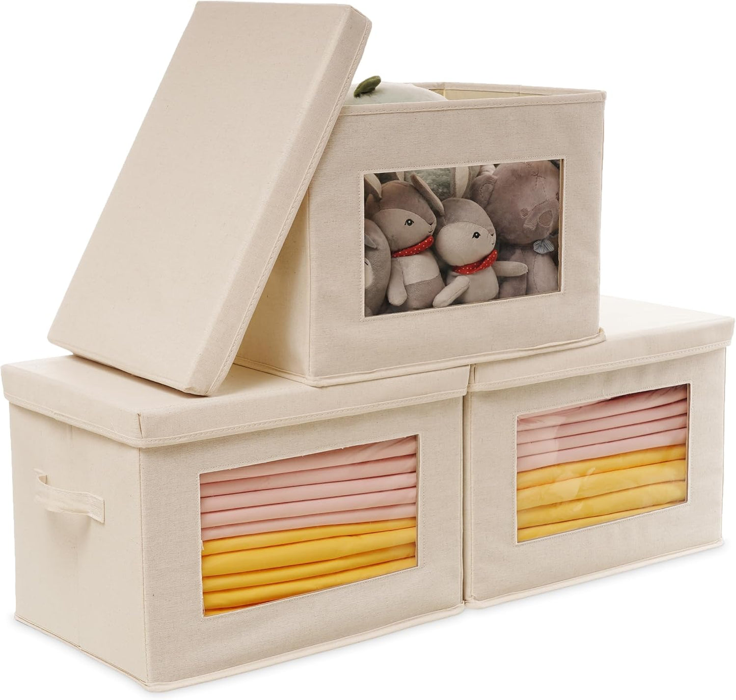 Citylife 3 Pack Storage Bins with Lids, Fabric Foldable Storage Bins with Soft Cord Handles, Canvas Storage Bin with Lid for Organizing Clothes, Blankets and Books, Beige