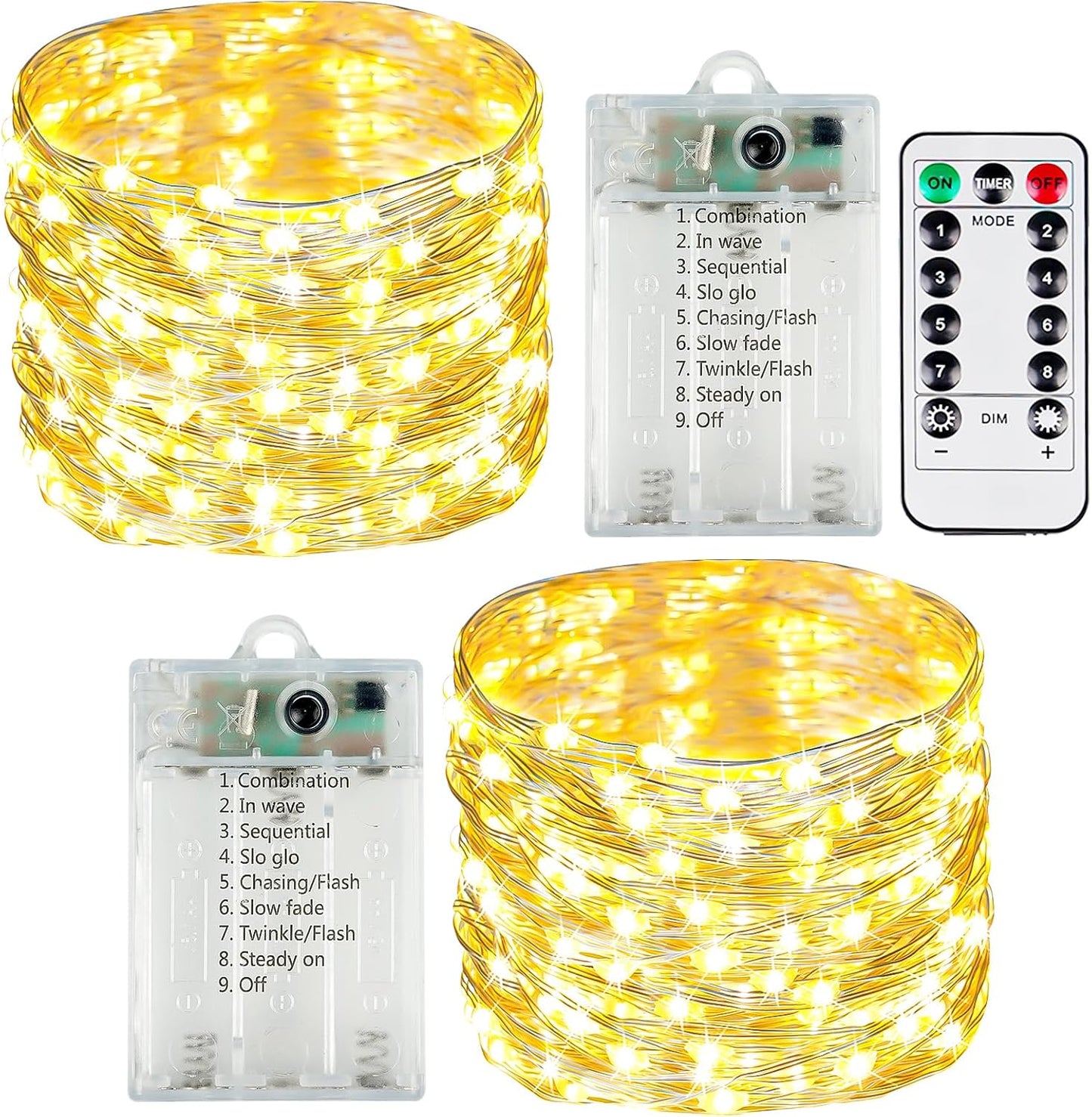 2 Pack Fairy Lights Battery Operated with Remote Control Timer, LED String Lights Outdoor Indoor, 8 Mode Twinkle Lights for Christmas Party Wedding Birthday Bedroom Décor (Warm White)