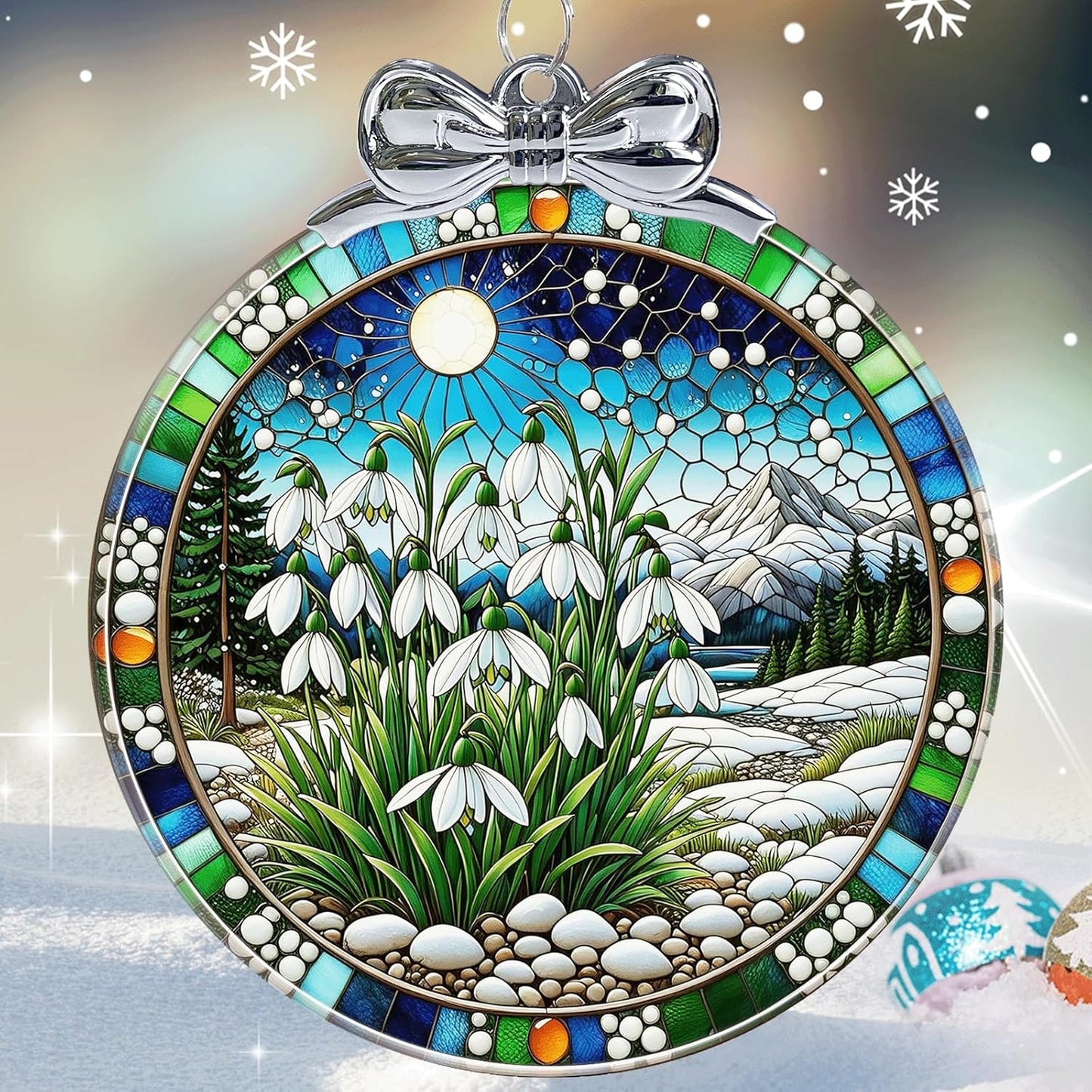 Snowdrop Stained Glass Christmas Ornament - Hanging Ornaments for Christmas Tree Decorations -Holiday Keepsake Present Exchange Idea