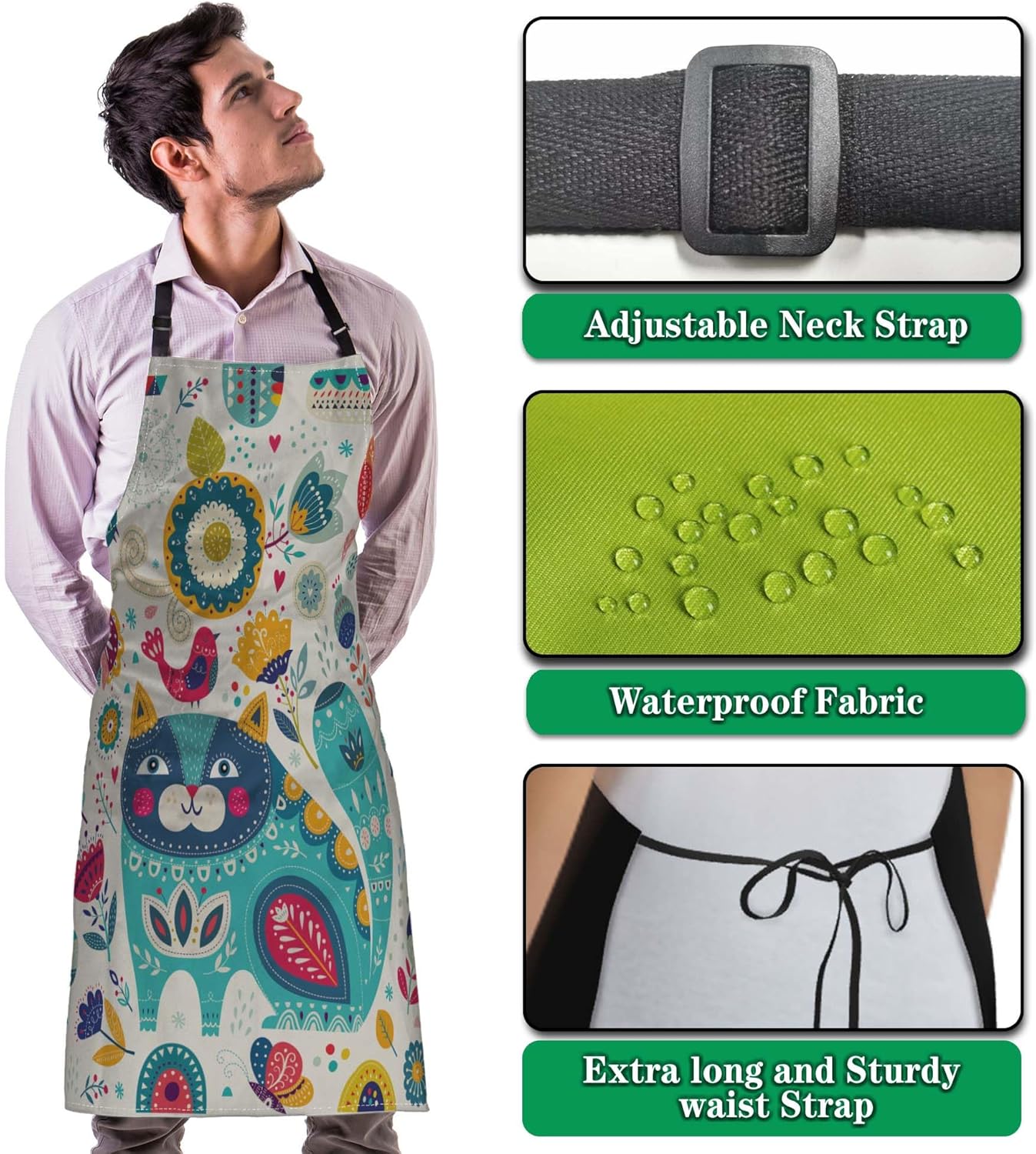 Kitchen Apron for Men Colorful Blue Cat Fun Aprons for Women for Cooking Restaurant BBQ Painting Crafting Gardening 27” (W) x 31” (H), Waterproof Aprons