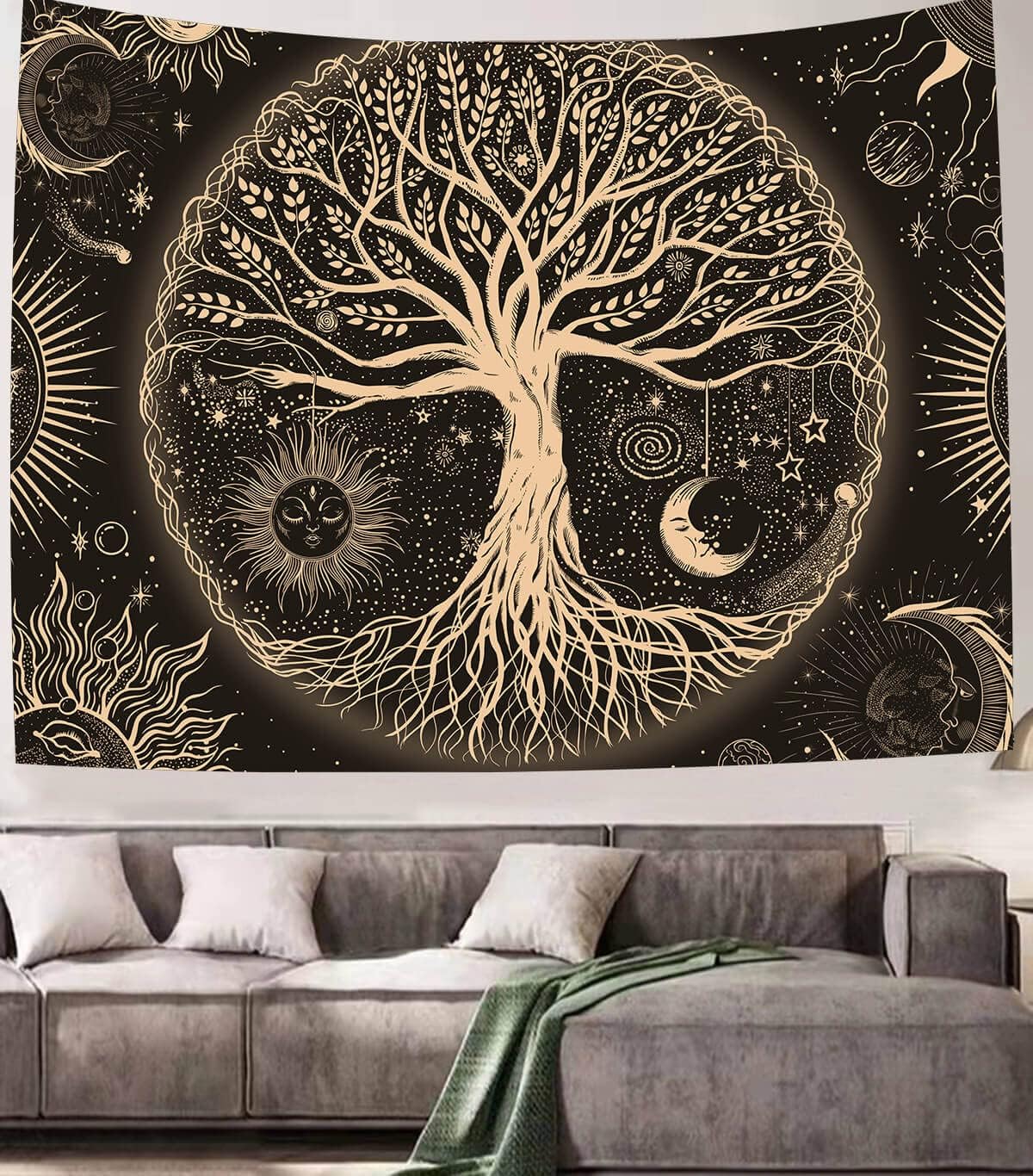 FORATER Tree of Life Tapestry Wall Hanging Sun Moon Stars Tapestries Aesthetic Galaxy Wall Tapestry Nature Home Decoration for Living Room Bedroom(36 x 48 Inch, Black and Gold)