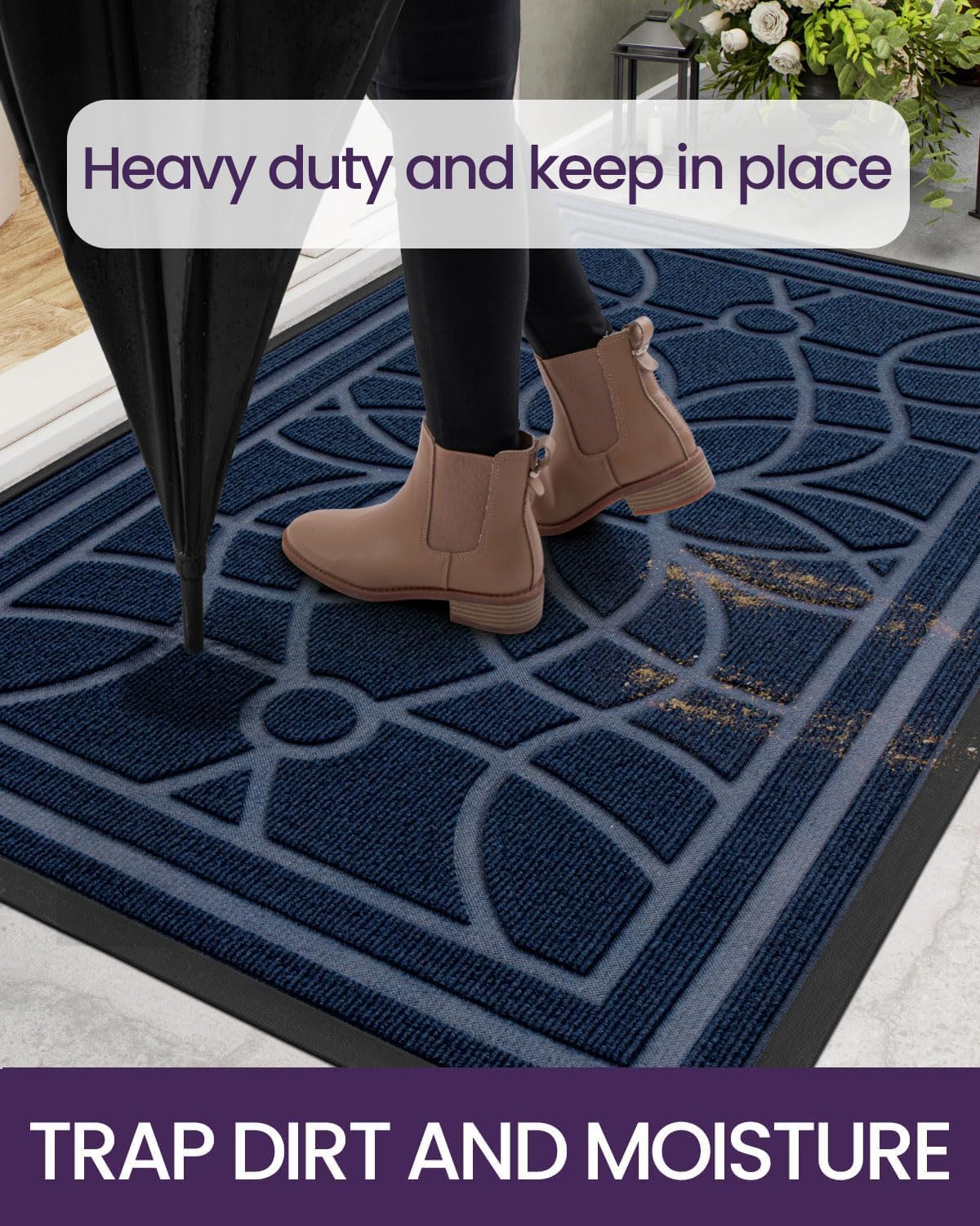 DEXI Front Door Mat Outside Entrance, Heavy Duty Non Slip Low Profile Doormat for Entryway, Trap Dirt and Moisture Welcome Mats, Easy Clean, Patio, Garage, 5x3, Blue