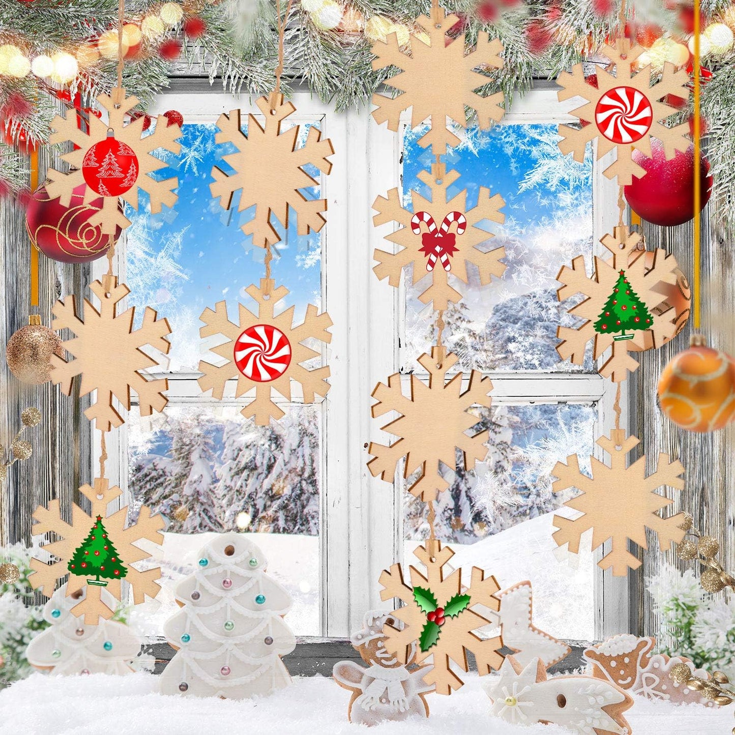 Blulu 60 Pieces Christmas Wooden Ornaments Round Wood Slices Snowflake Angel Shape with Cords for DIY Crafts New Year Christmas Tree Pendant Ornaments