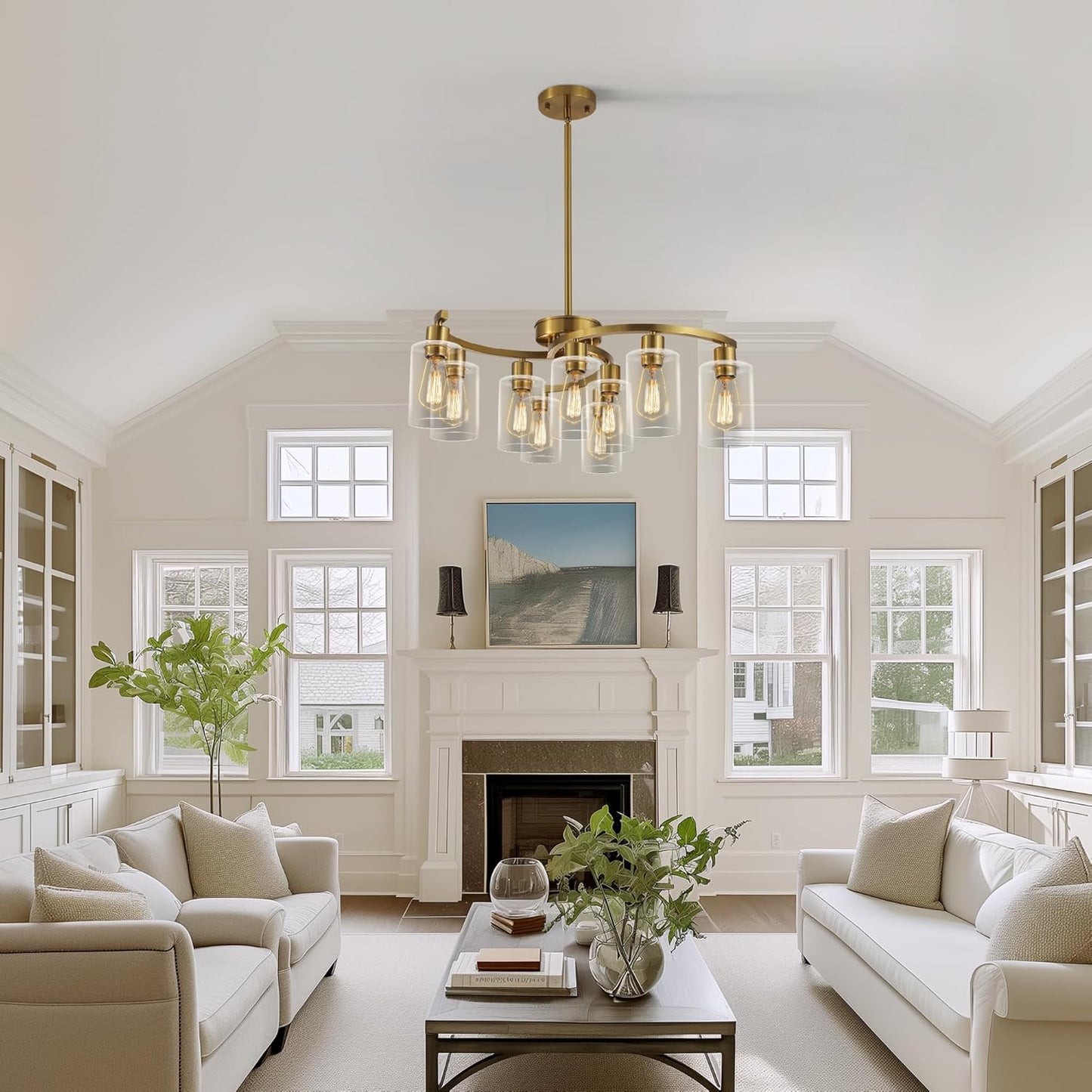 9-Light Gold Glass Chandelier, Adjustable Height Dining Room Light Fixtures Over Table, Contemporary Hanging Chandelier for Kitchen Island Living Room Foyer Office, Clear Glass Shade