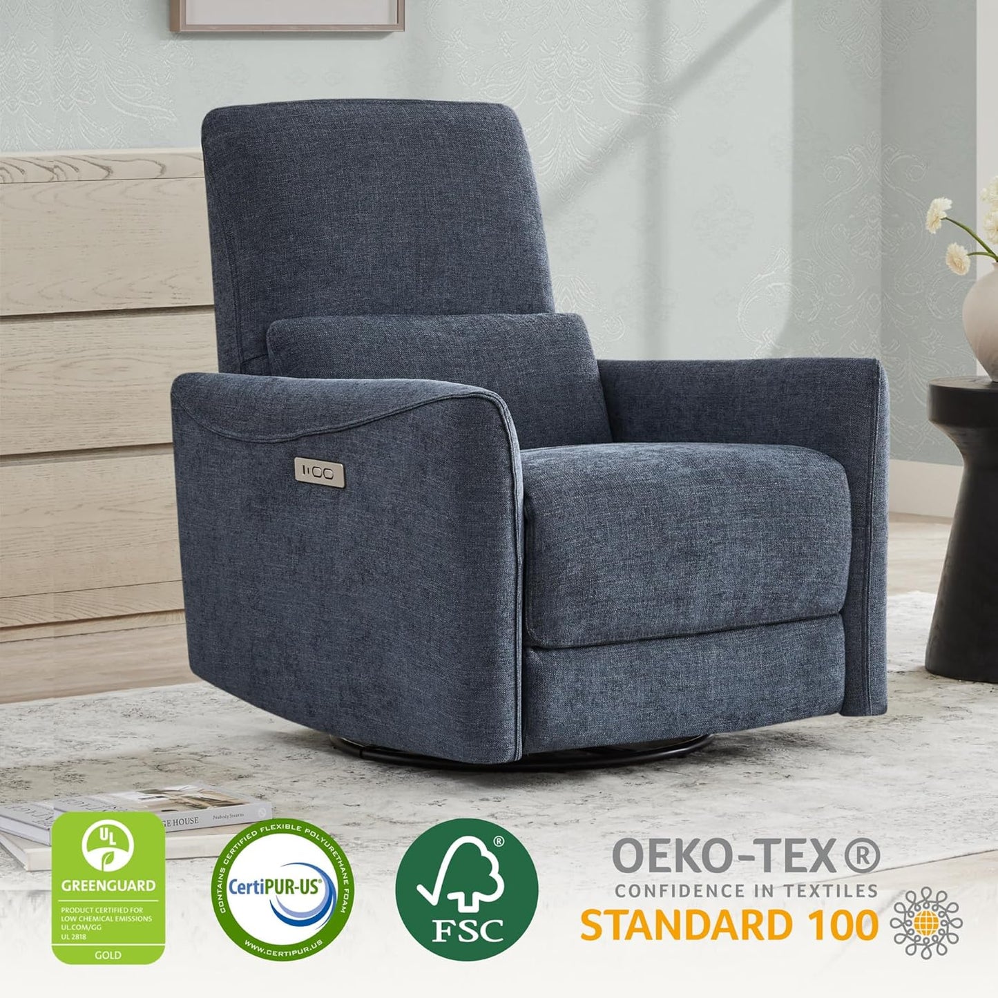 CHITA Power Recliner Chair Swivel Glider, FSC Certified Upholstered Fabric Living Room Nursery Reclining Sofa Chair with Lumbar Support, Ink Blue