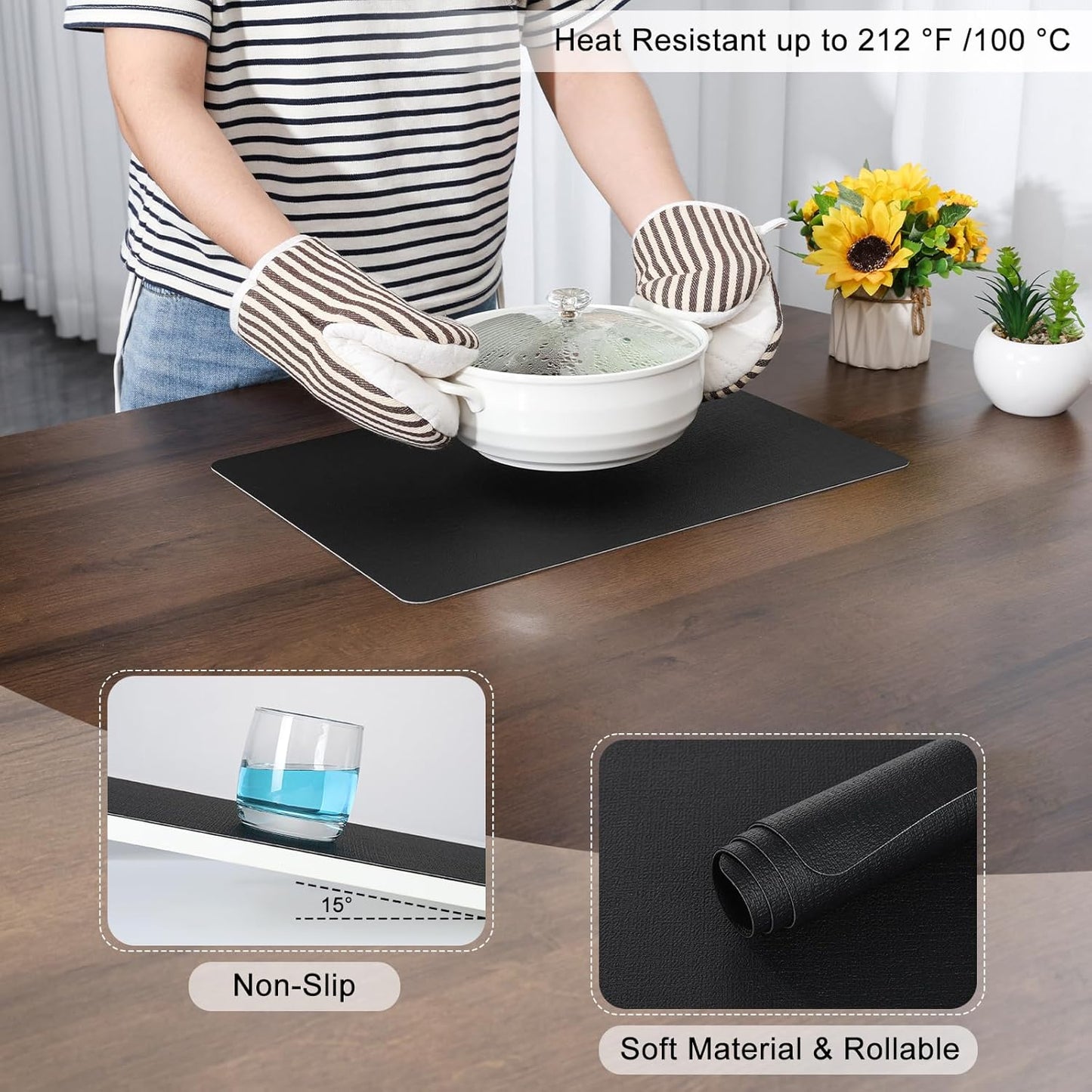 Myir JUN Placemats Dual Sided, Faux Leather Place Mats Set of 8 Indoor Placemats for Dining Table Non-Slip Washable Placemats Heat Resistant Outdoor Table Mats (Set of 8, Black)