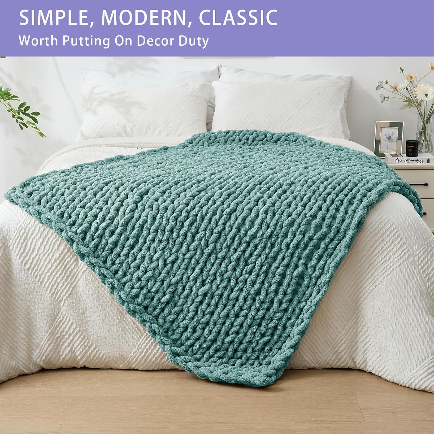 Bigacogo Chunky Knit Throw Blanket for Couch, 40x60 inches, 100% Hand Knitted with Thick Jumbo Chenille Yarn, Cozy Soft Large Rope Knot Cable Crochet Blankets for Sofa Bed Living Room, Light Teal