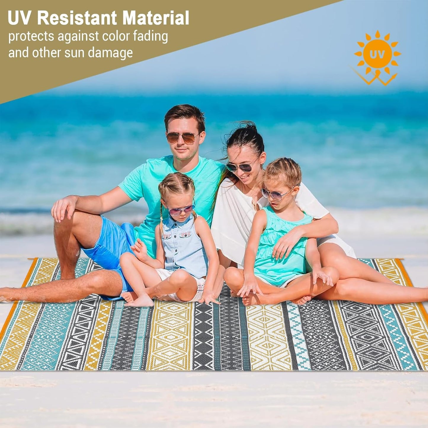 GAOMON Outdoor Rug 9'x12' Waterproof Rug for Patio Decor, Foldable Reversible Plastic Straw Area Rugs Mat for Camper, Outside Carpet for Deck, Porch, Picnic, Beach, Teal/Yellow(Bohemia)