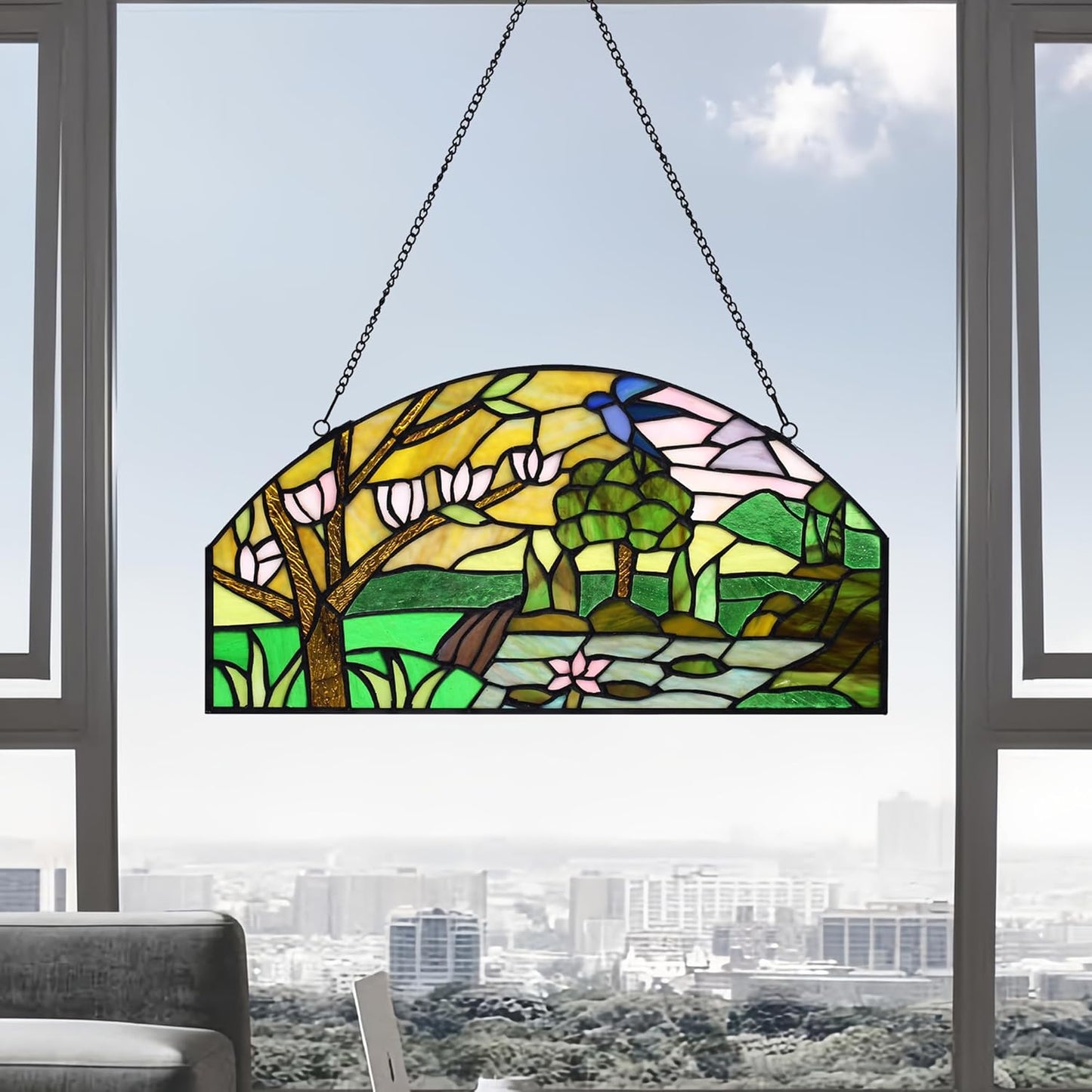 YOURANJU Half Moon Stained Glass Window Hanging Tiffany Style 16" x 8" Half-Round Window Panel Housewarming Gift Living Room Bedroom Kitchen Window Decorative Hangings with Chain (Tree)