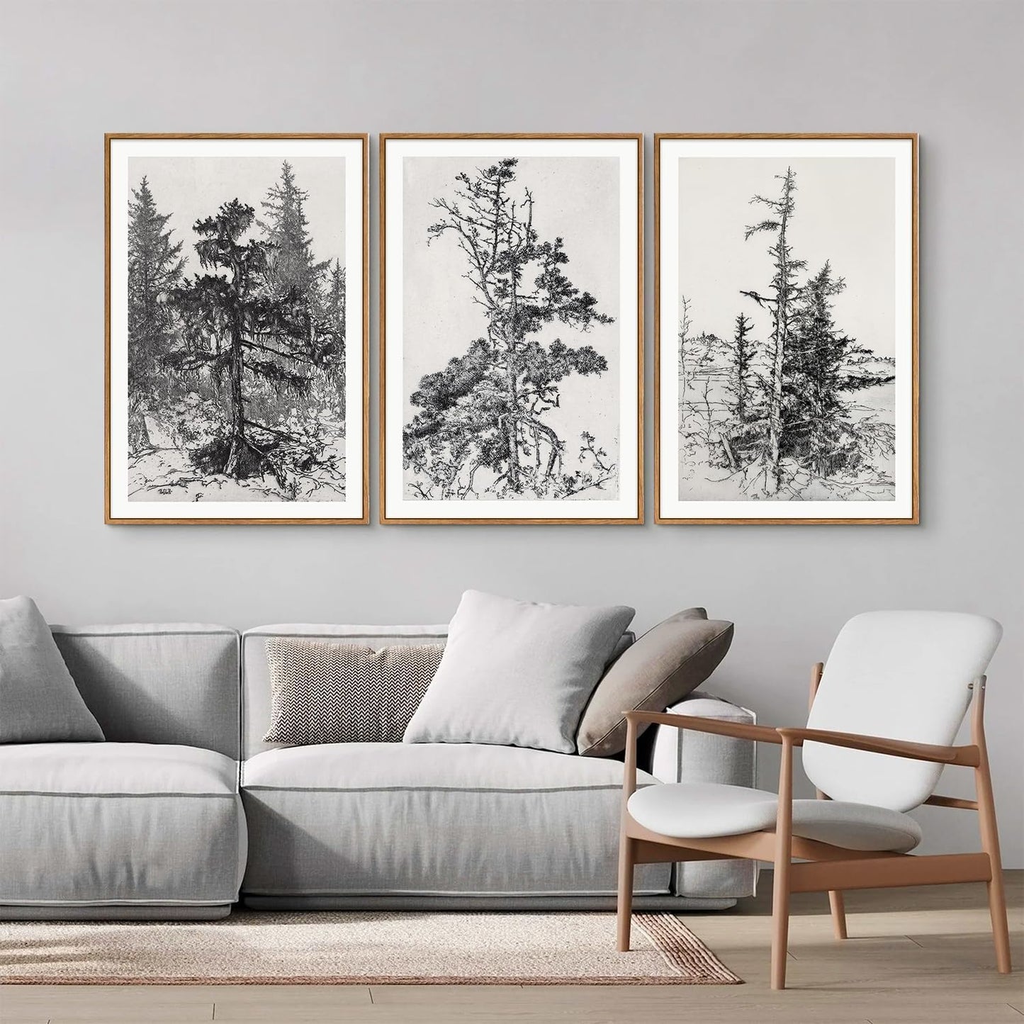 SIGNINART Vintage Tree Framed Wall Art Set , Black and White Antique Sketchbook Forest Painting, Wilderness Illustration Art Print , Retro Pine Tree Landscape Drawing Wall Decor for Living Room, Bedroom, Office (16"x24"x3)