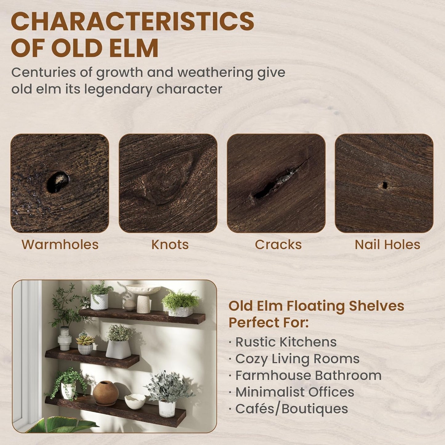 Fun Memories 48" Floating Shelves for Wall, Live Edge Solid Elm Wood Floating Shelf with Invisible Bracket, Wall Mounted Display Wooden Shelves for Bathroom, Kitchen, Bedroom, Walnut Color, Set of 1