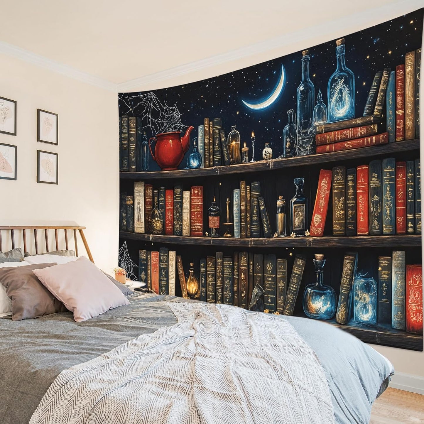 LB Fantasy Bookshelf Tapestry, Horror Spider and Vintage Book with Moon Wall Tapestry for Bedroom Aesthetic, Trippy Galaxy Wall Art for Living Room Dorm Home Decor Ready to Hanging, 59 x 51 Inches