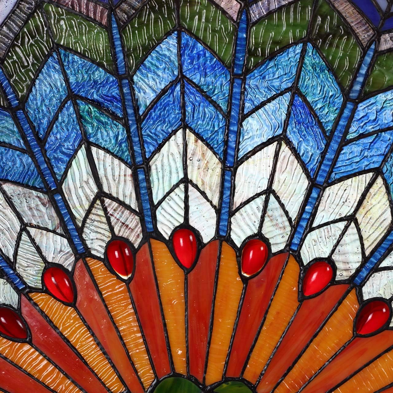 Bieye W10034 Peacock Feather Tiffany Style Stained Glass Window Panel Hangings with Chain, 36 inches Wide Half Round Shape