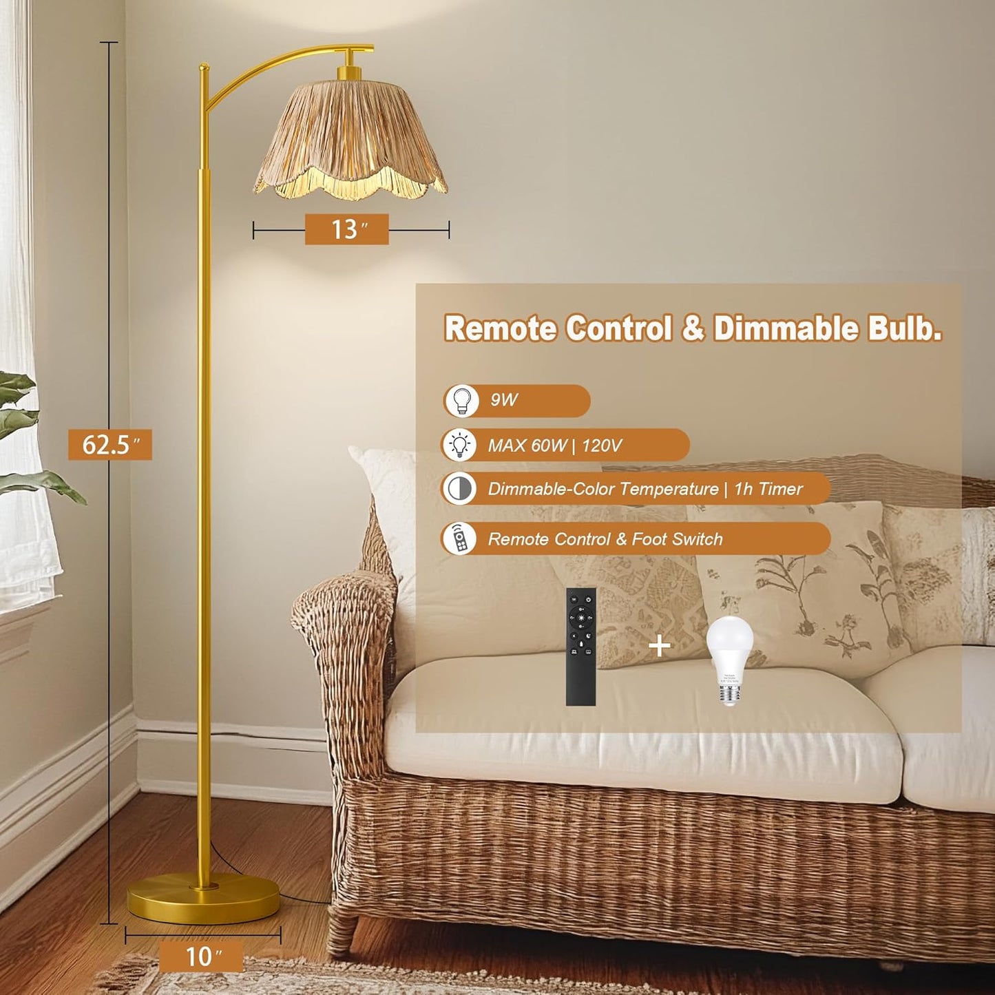 Oneach Boho Floor Lamp with 3 Color Temperatures, Farmhouse Floor Lamps for Living Room with Remote & Dimmable Bulb, Rattan Floor Lamp for Bedroom, Gold
