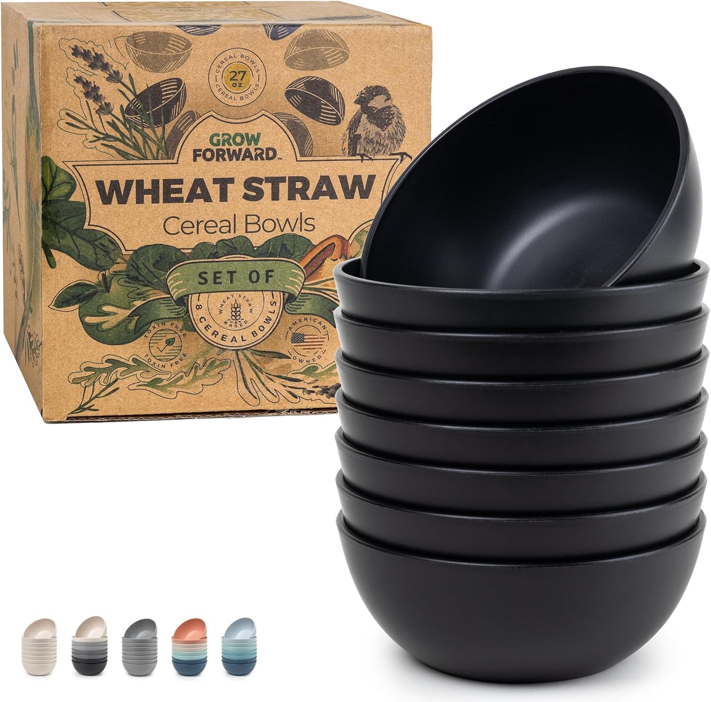 Grow Forward Premium Wheat Straw Bowls - 27oz Microwave Safe Plastic Cereal Bowls Set of 8 for Kitchen, Camping, RV, Dessert, Snack, Soup, Salad, Fruit - Reusable, Unbreakable & BPA Free - Midnight