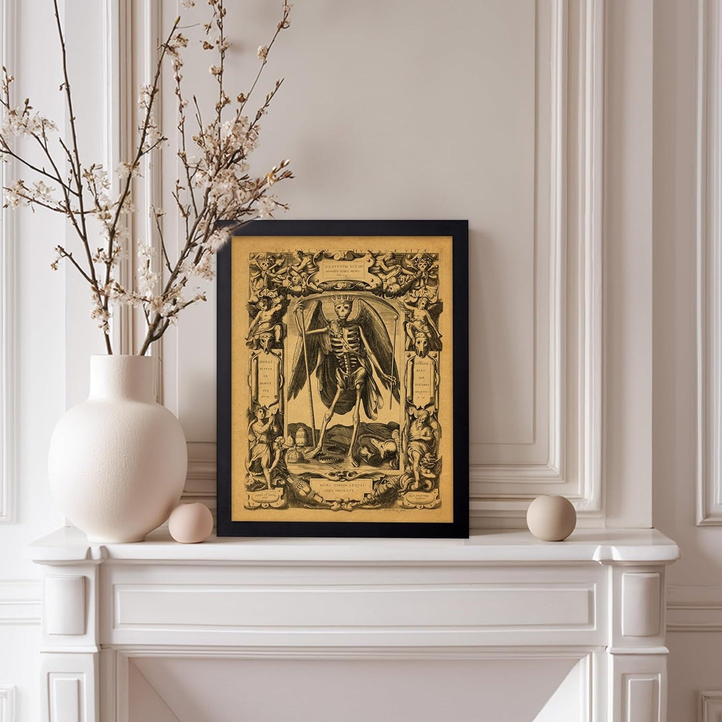 Poster Master Vintage Medieval Poster - Retro Gothic Print - Gift for Artist, Friend - Angel of Death, Memento Mori, Life, Skeleton, Dark - Wall Decor for Home, Living Room, 8x10 Black Framed