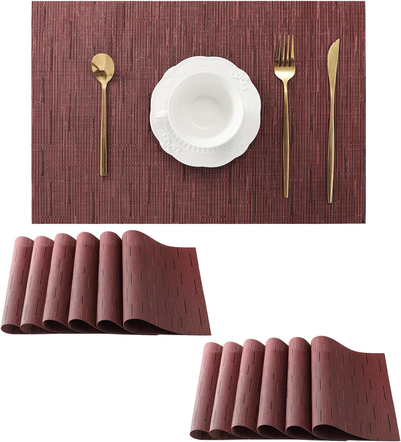 Leetaltree Burgundy Placemats Set of 12 - Heat Resistant Non-Slip Place mats for Dining Table, Washable Durable PVC Vinyl Woven Table Mats（Burgundy, 12）