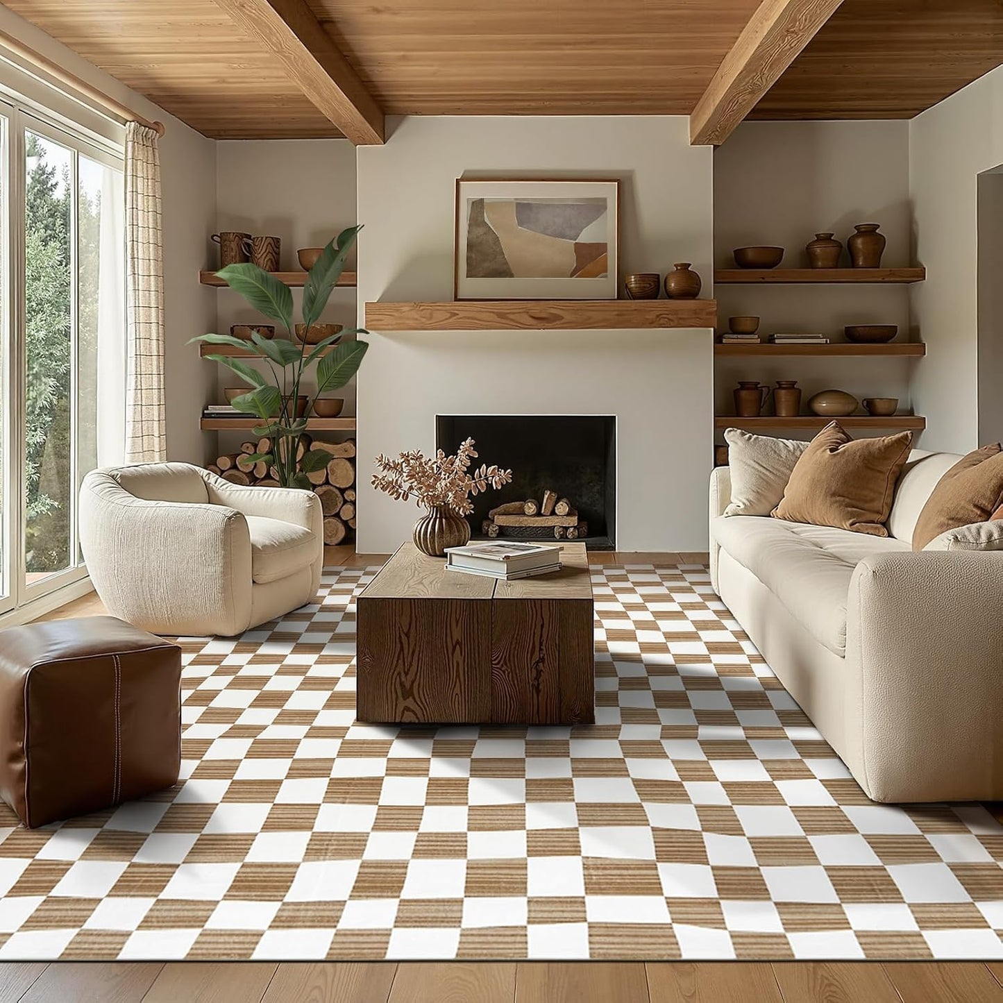 jinchan 8x10 Brown Checkered Area Rugs for Kids Room - Machine Washable Rug Modern Neutral Geometric Lattice Soft Non-Slip Carpet for Nursery Playroom Classroom Living Room Bedroom Dining Room