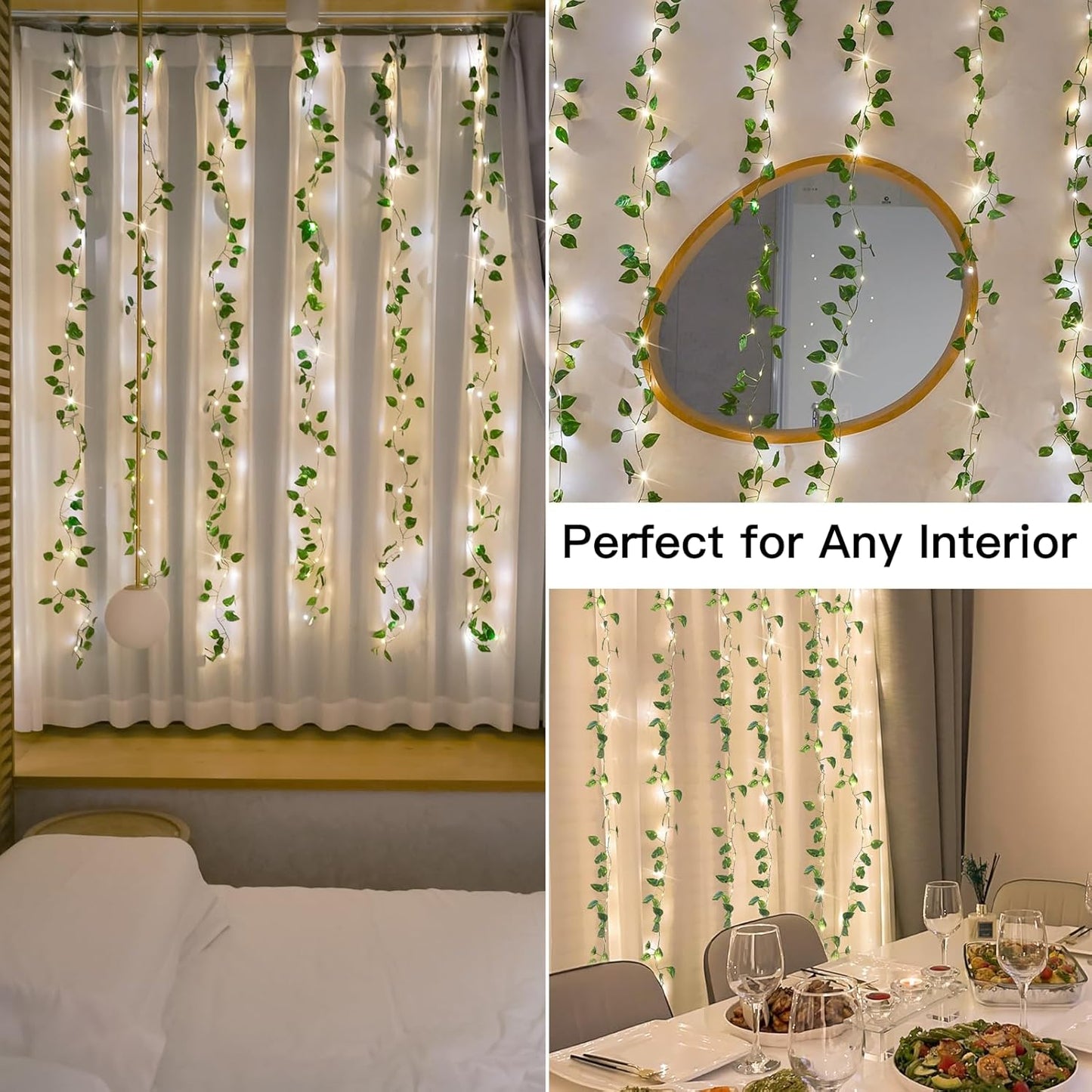 suddus Vines with Lights, 200 LED Fairy Lights with Vines, Pothos Curtain String Lights with Remote for Bedroom, Dorm, Wedding, Party, Wall, Indoor, Outdoor Decor, 6.5ft x 6.5ft