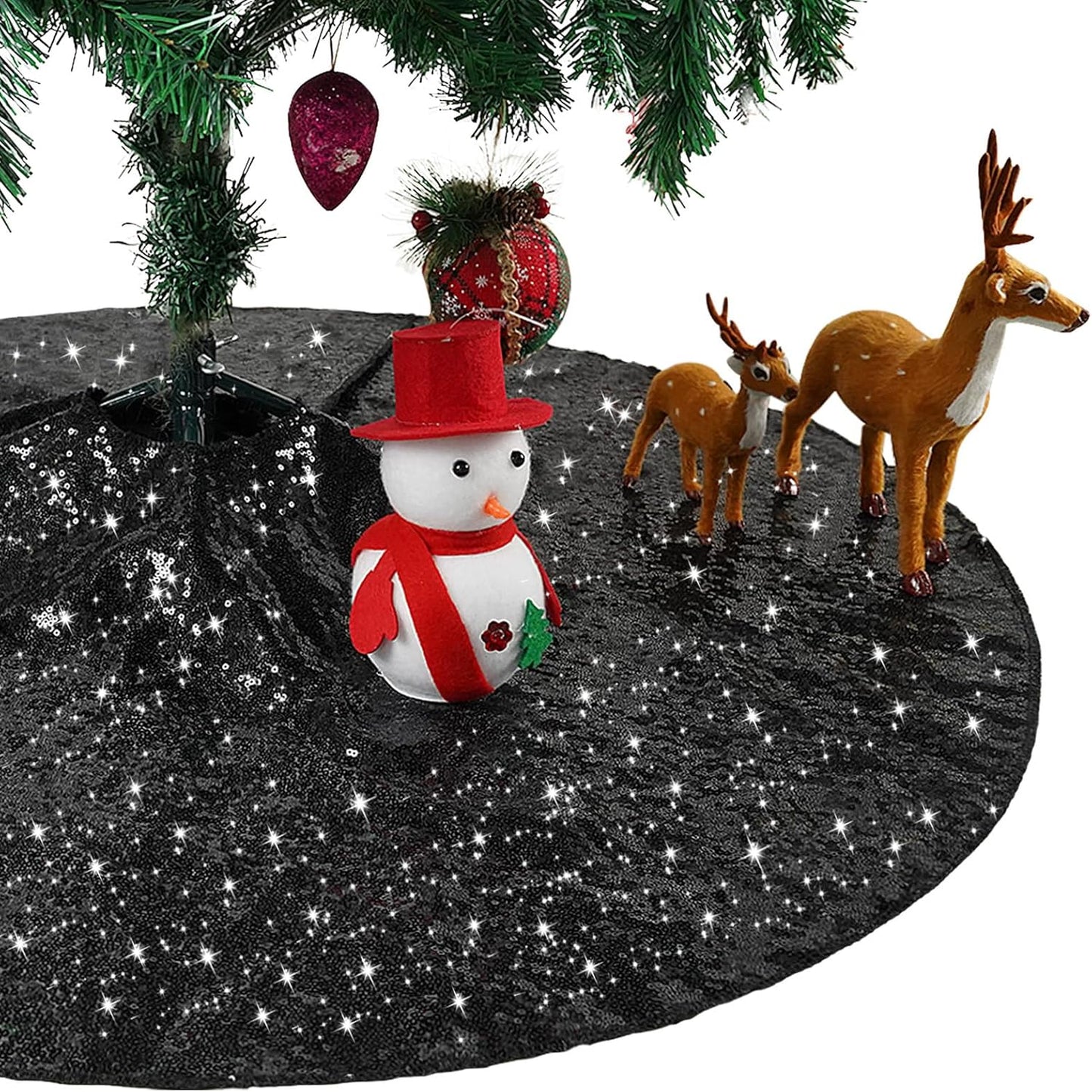 Eternal Beauty Christmas Tree Skirt, 36 Inch Black Halloween Sequin Tree Skirt Small Xmas Tree Skirt for Christmas Tree Decorations