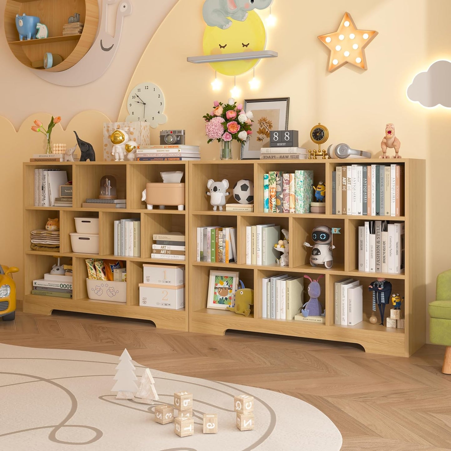 Book Shelf, 10 Cubes Storage Organizer, 3-Tier Open Shelf Wooden Bookcase, Freestanding Log Bookshelf Cube Shelf for Bedroom, Living Room, Home Office