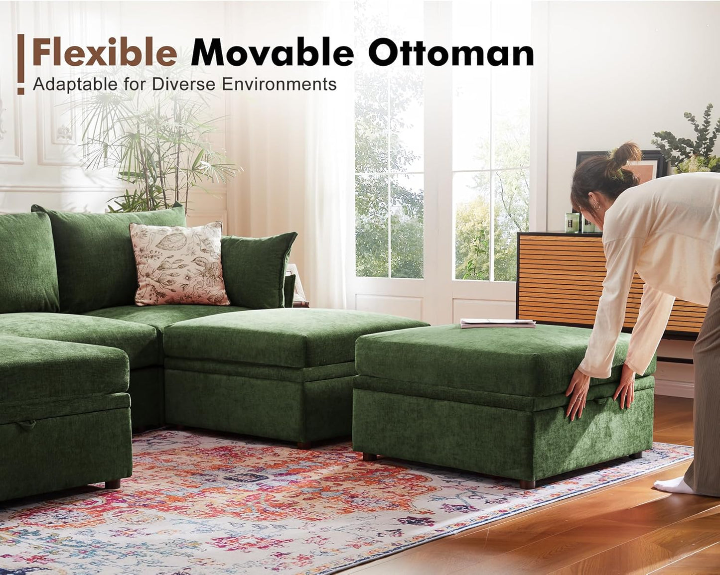 102.6" Modular Sectional Sofa, L Shaped Couch Set for Living Room, 3-Seater Comfy Cloud Couches with Movable Storage Ottoman,DIY Combination - Chenille Green