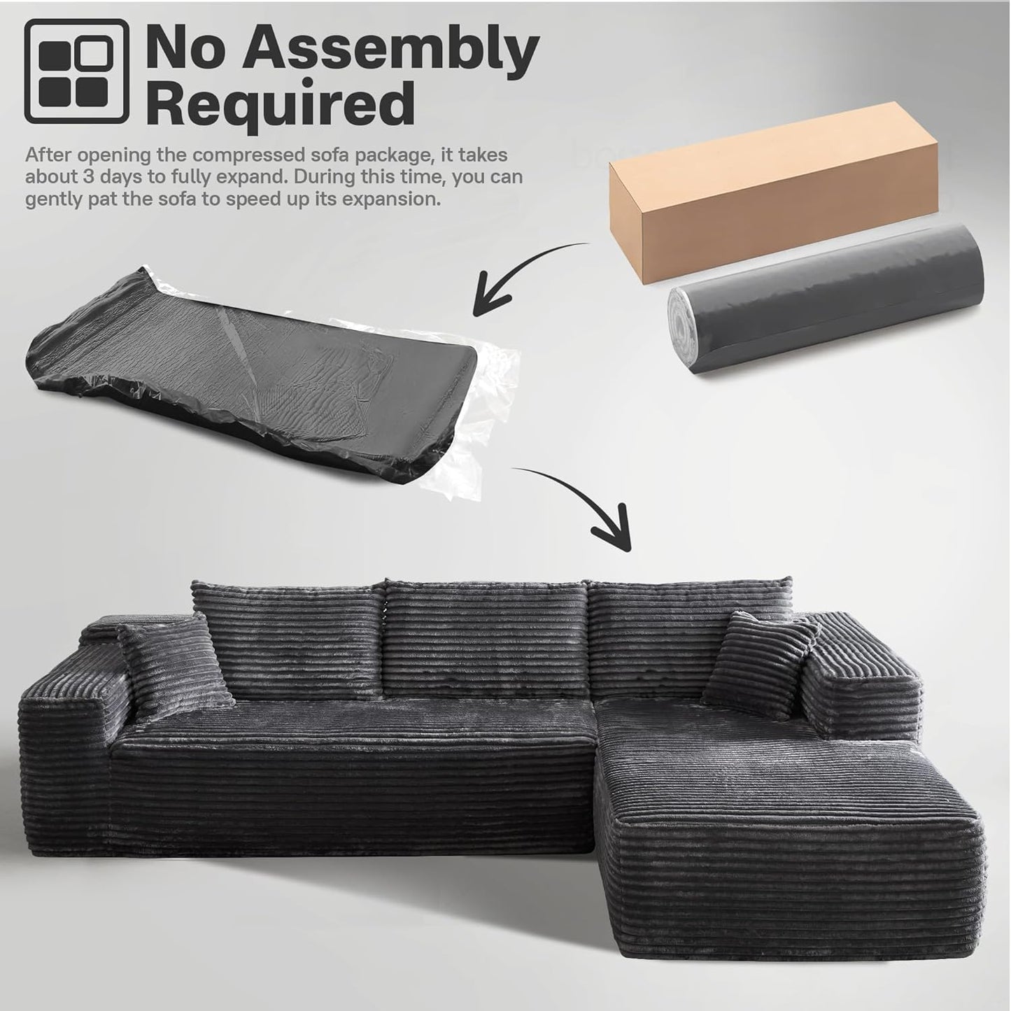 106" Cloud Sectional Couches for Living Room,Plush Corduroy Boneless Couch with Comfy Chaise,L Shaped Sofa in A Box No Assembly Require,Grey