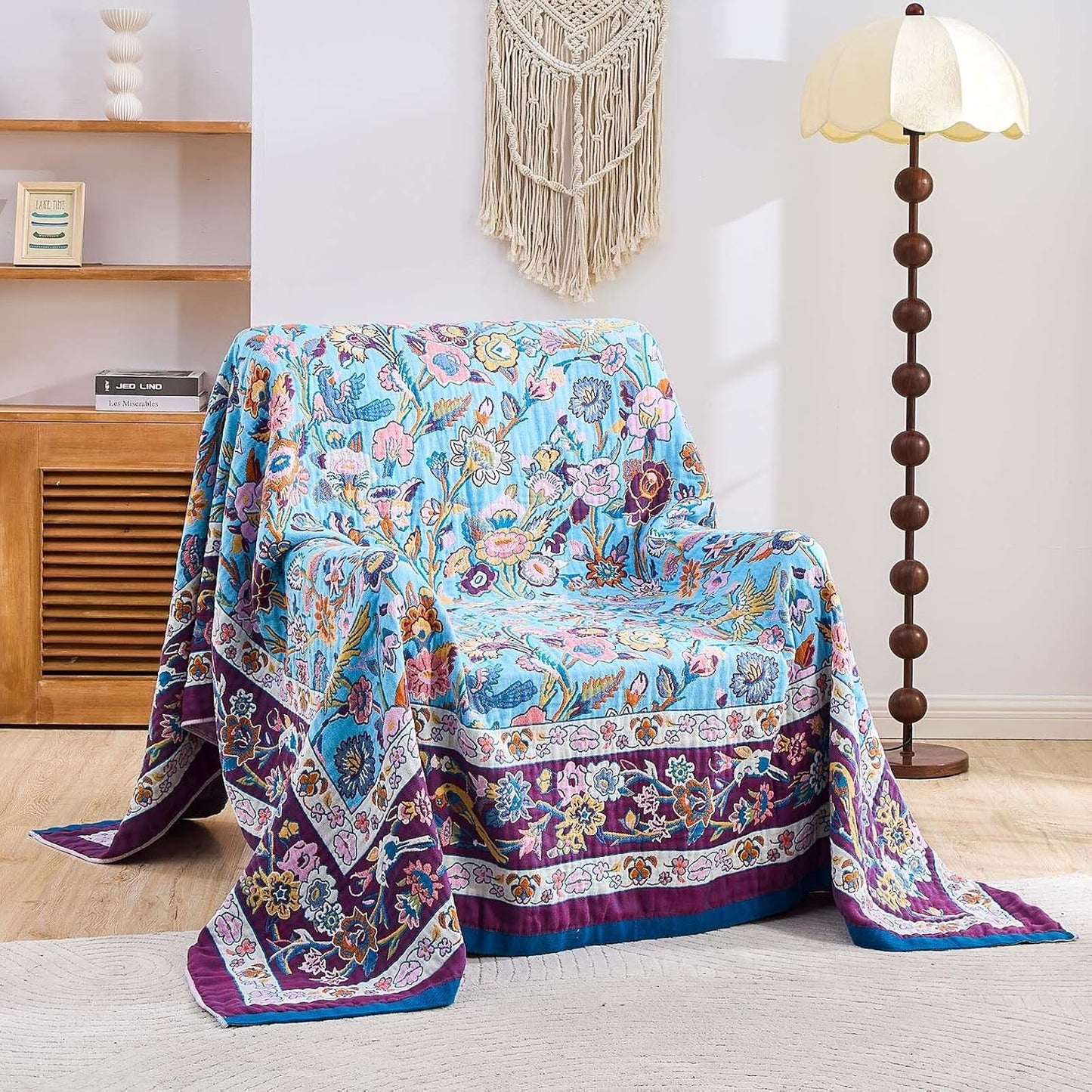 Fall Blanket for Bed, 100% Cotton Soft Rustic Boho Throw Blanket Quilt, 90"x98" Farmhouse Decor Bed Flower Blankets, Light Weight Reversible Bohemian Throw Quilt