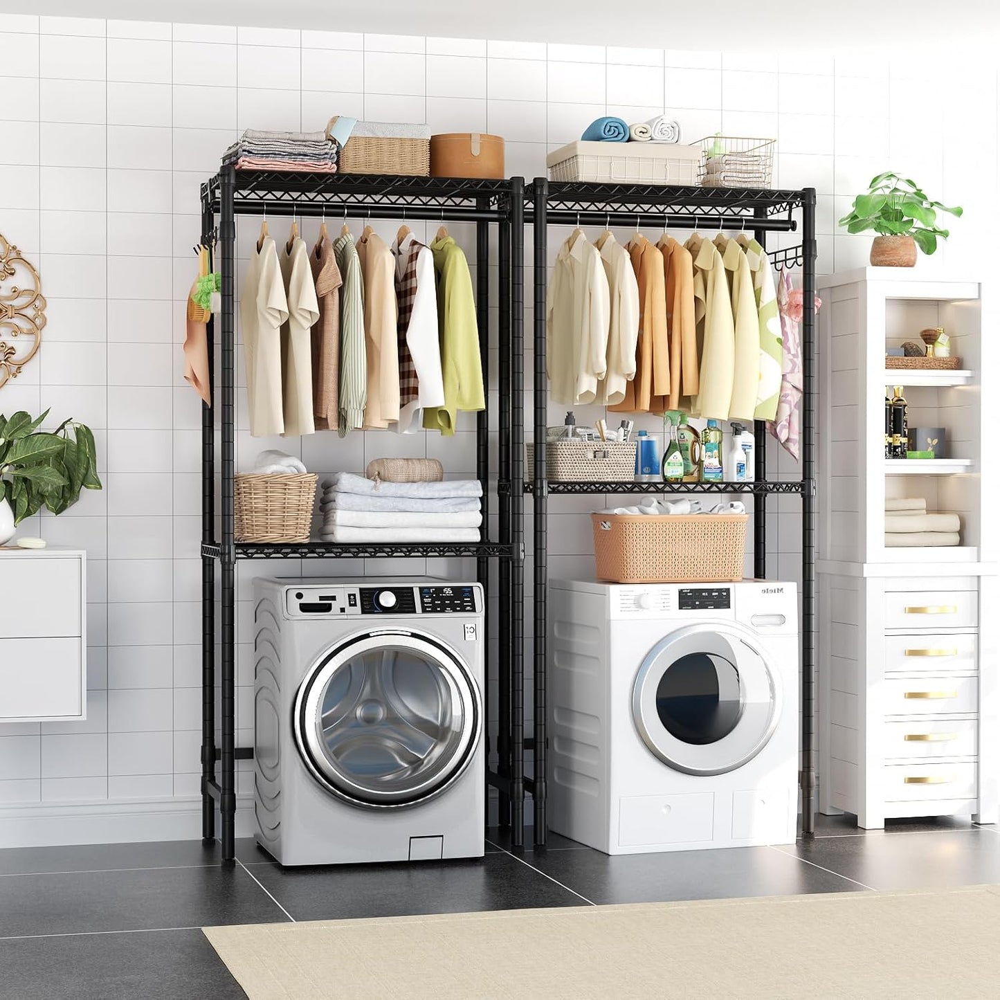 Over Washer and Dryer Shelves,2 Tier Adjustable Height Wire Shelving Laundry Room Storage Organization Clothes Drying Rack with Hanger Rod&Hooks,Space Saving Organizers Shelf,Black