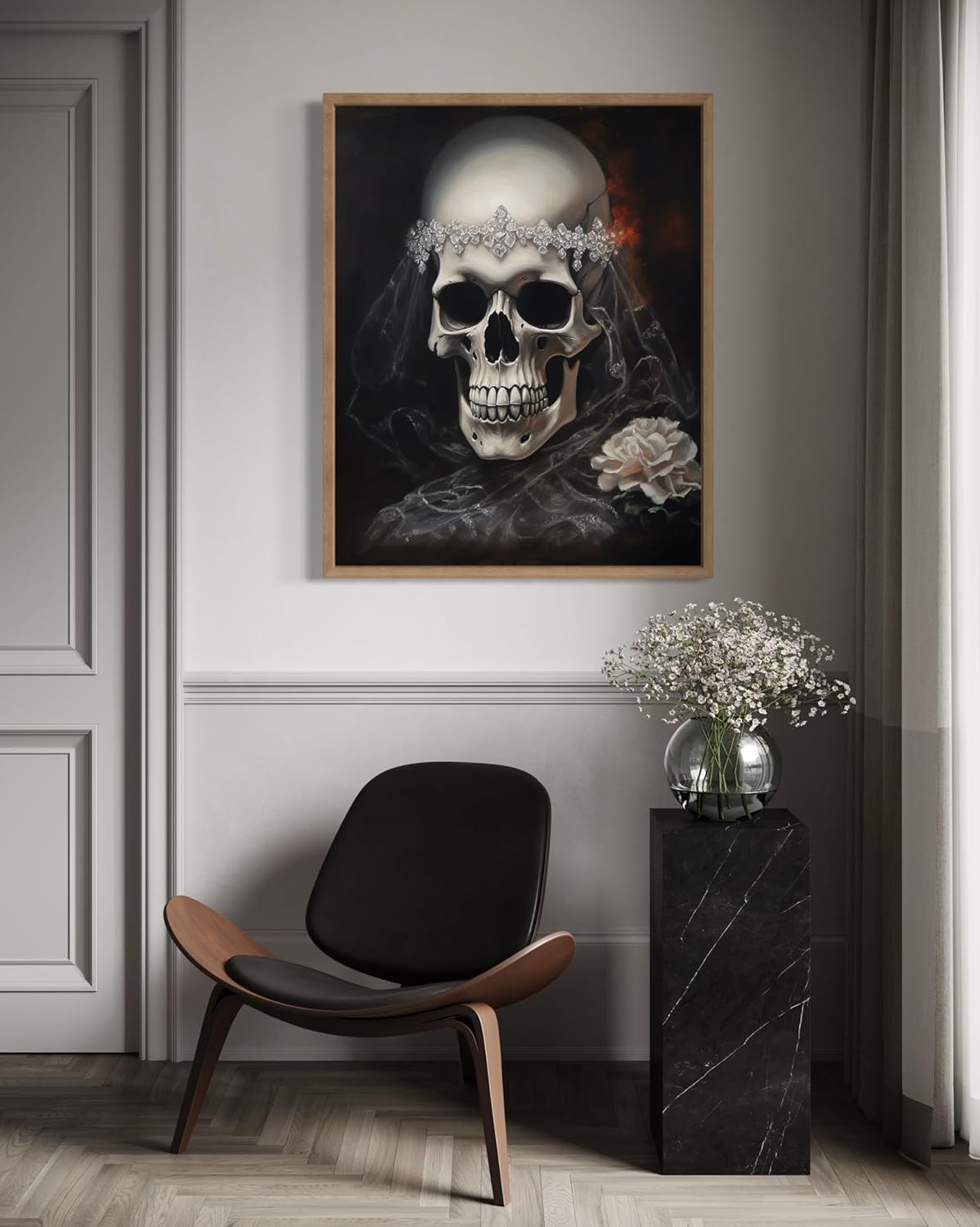 Skull Bride Poster Art Print, Halloween Scary Vintage Wall Art Academia Spooky Painting Decoration for Horror Prints, Gothic Posters Bedroom Decor 89 (Skull Bride, 16 x 20 inches, Wood Frame)