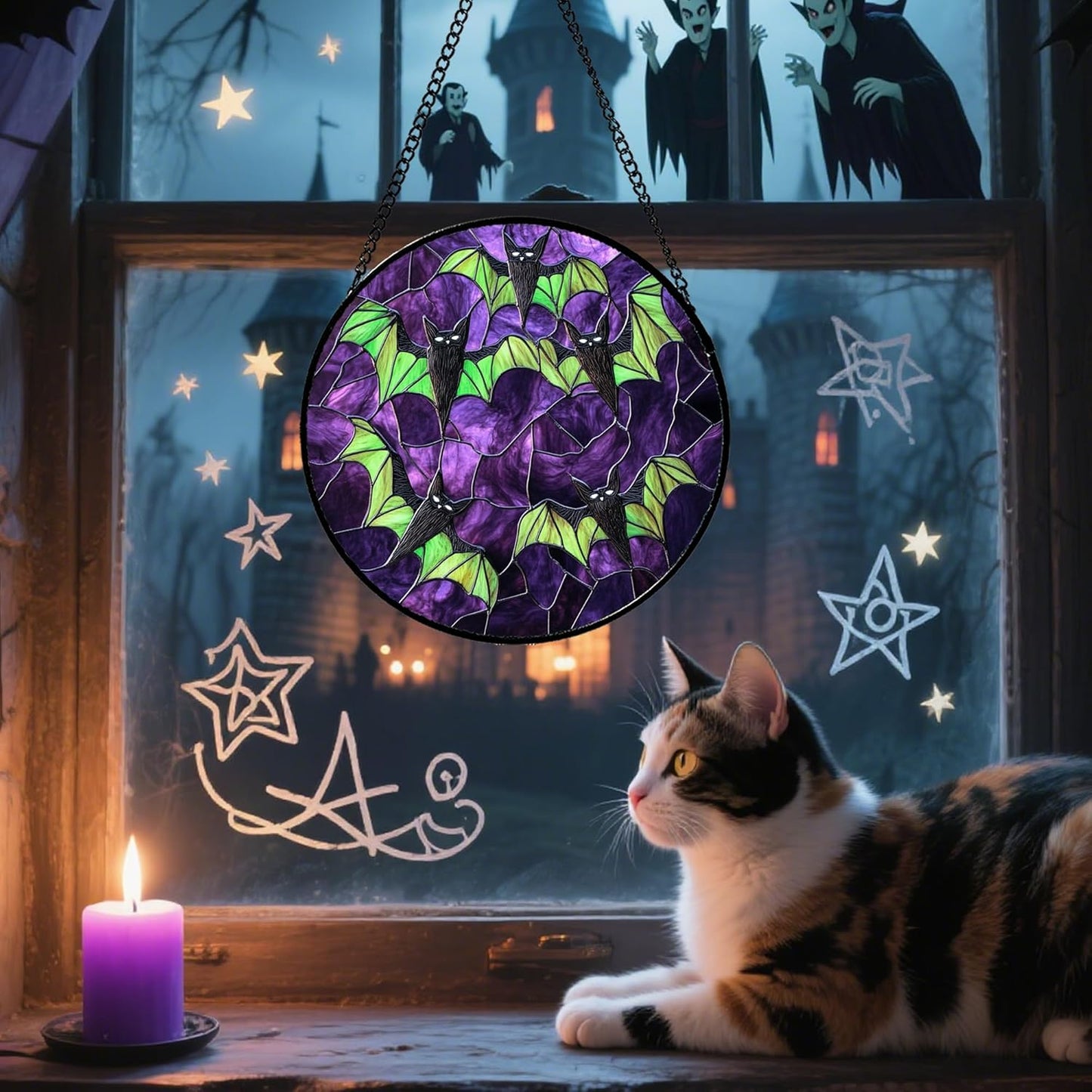 Stained Glass Window Hanging - Halloween Decorations Black Bat with Green Wings Suncatcher for Doors Garden Indoor Spooky Sun Catchers Gothic Decor Horror Gifts for Women Men Friend 6.3 in