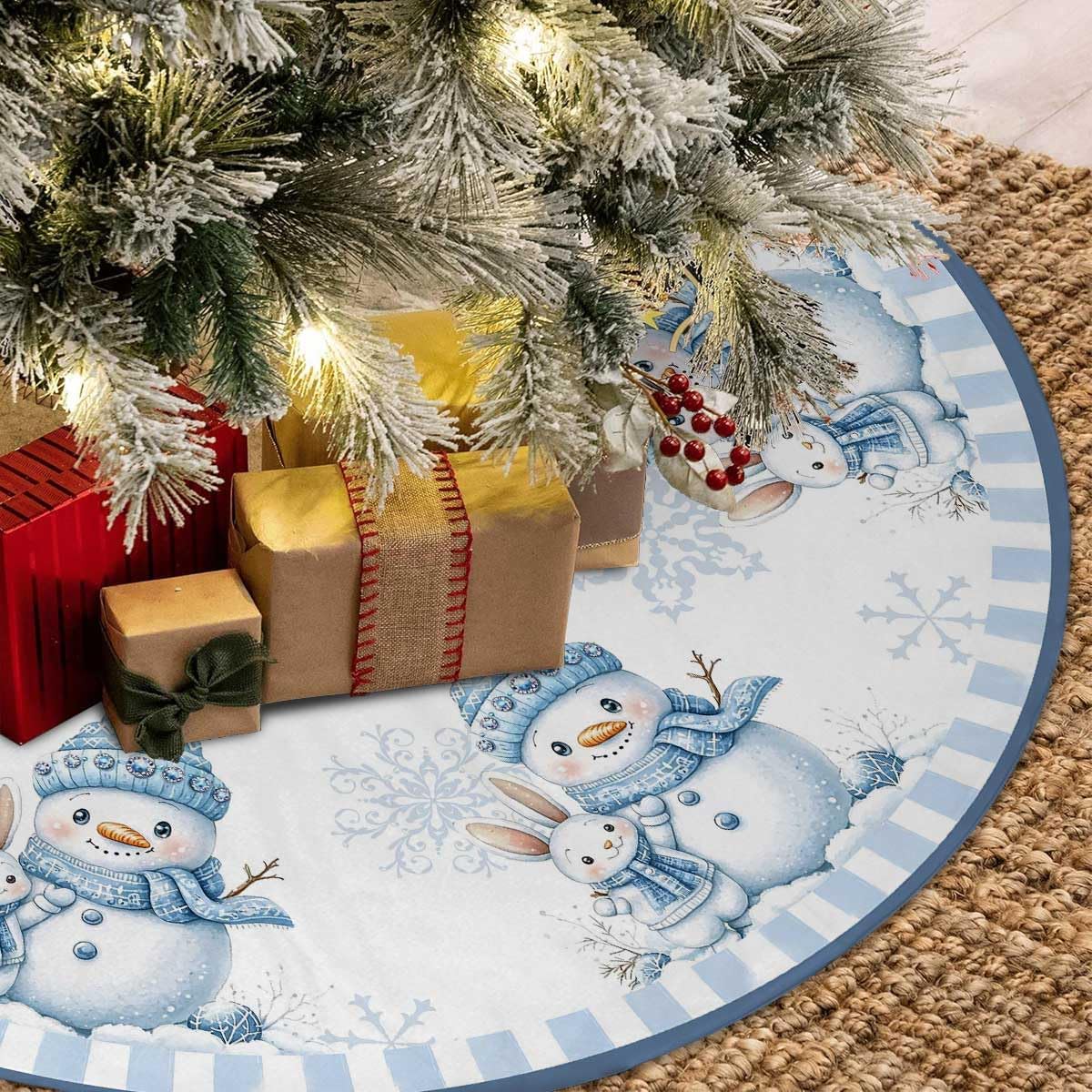 Christmas Tree Skirt 48 inches Blue Snowman Christmas Tree Skirt Mat Farmhouse Xmas Ornaments Decorations for Christmas Holiday Party (Blue, 48in)
