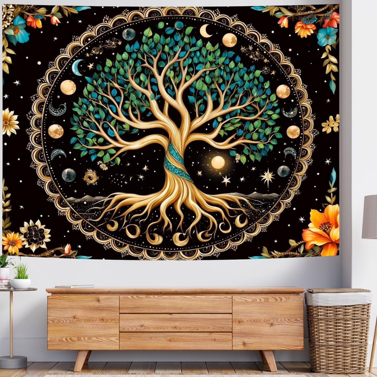 Delur Tree of Life Tapestry Moon Phase Nature Flower Plant Tapestry Wall Hanging Boho Mandala Spiritual Sun Aesthetic Psychedelic Headboard for Bedroom Living Room Home Decor (70.8" x 92.5")